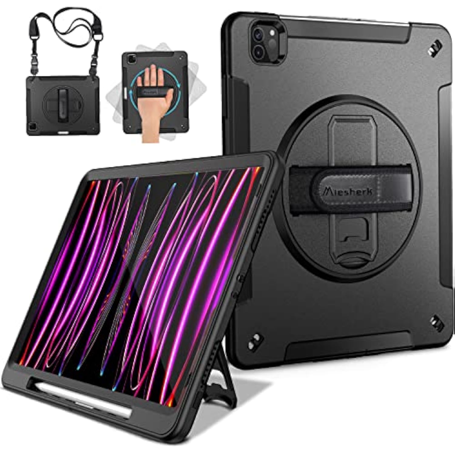 Case For Ipad Pro 12.9 Inch 6Th/5Th/4Th Generation, Military Grade Heavy Duty Shockproof Ipad Pro 12.9 Case - Rotating Stand, Pencil Holder, Hand/Shoulder Strap, Black
