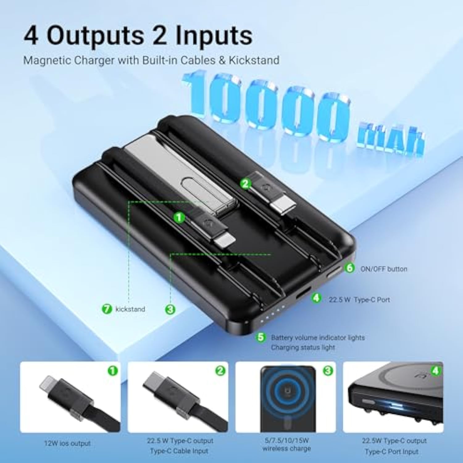 For Magsafe Battery Pack 10,000Mah, 4 Outputs & 2 Inputs Wireless Portable Charger Power Bank With 2 Built-In Cables & Usb-C Fast Charging, Magnetic For Iphone 15/14/13/12 Pro/Max/Plus, Kickstand