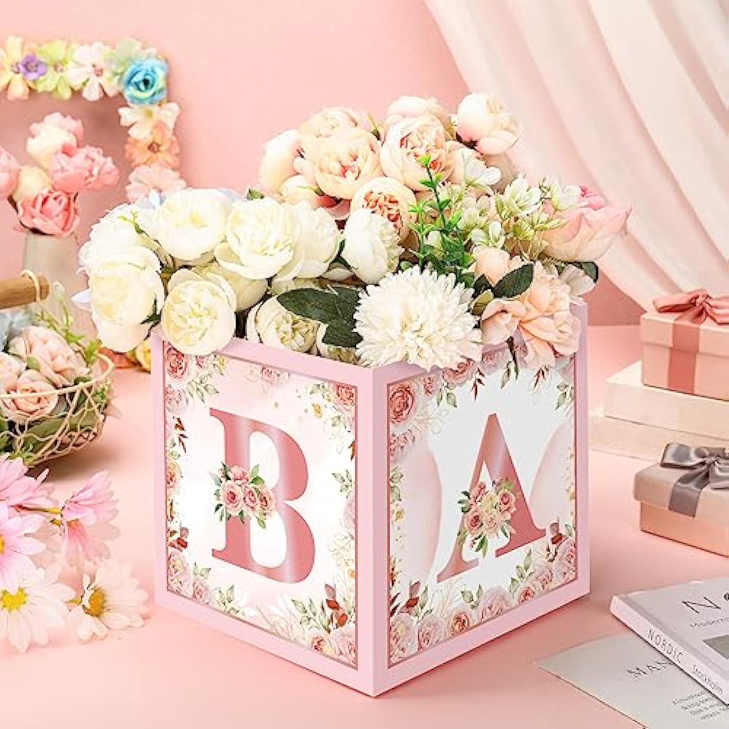10 Piece 7X 7X 7 Inch Baby Shower Centerpiece Boxes Baby Shower Party Decorations Table Display With Letters Gender Reveal Party Favor Block Holder(Floral Style)
