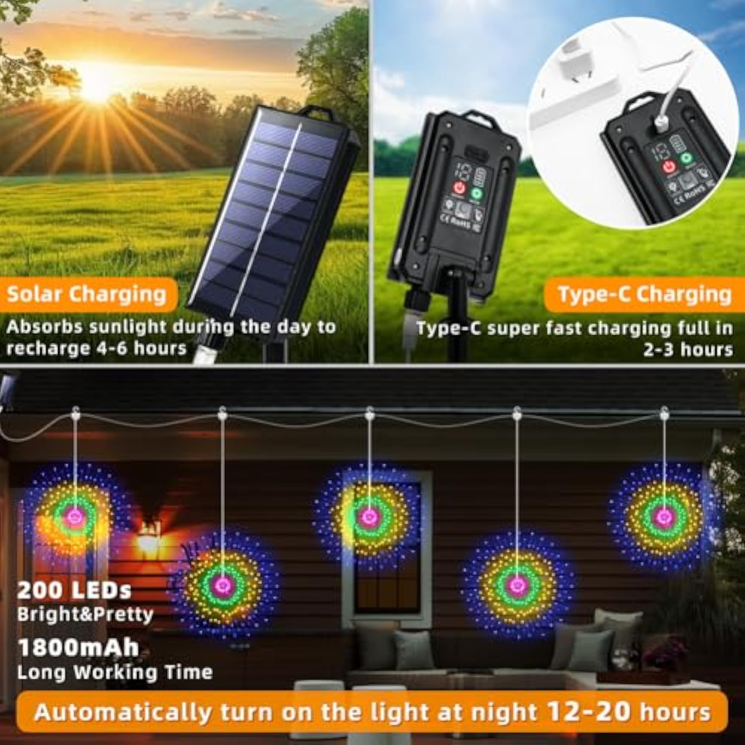 Solar Firework Lights Outdoor, 5Pcs 1000Led 8 Modes Fireworks Lights With Usb Rechargerable, Solar Hanging Fairy Lights