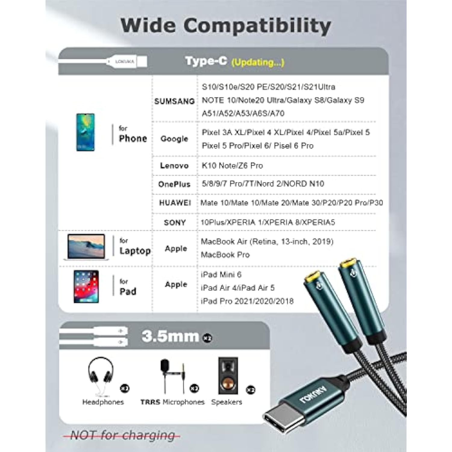 Usb C To Dual 3.5Mm Female Headphone Splitter, Type C To Aux Trrs 2-In-1 Audio Adapter With Hi-Res Dac Chip, For Usb-C Smartphone, Laptop, Pad To Two Headphones, Speakers, Trrs Microphones