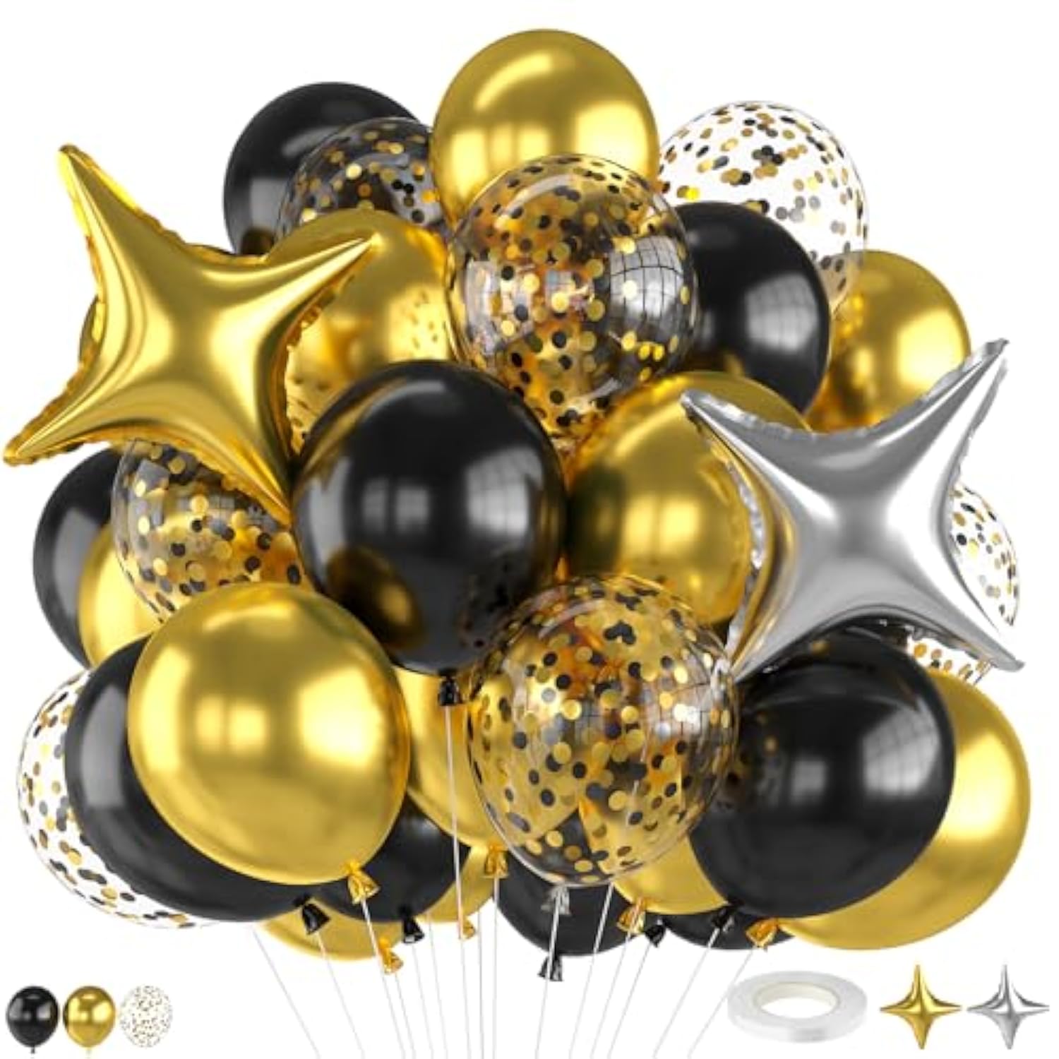 Metallic Black & Gold Balloon Kit 12-Inch Confetti & Star Foil Party Decor
