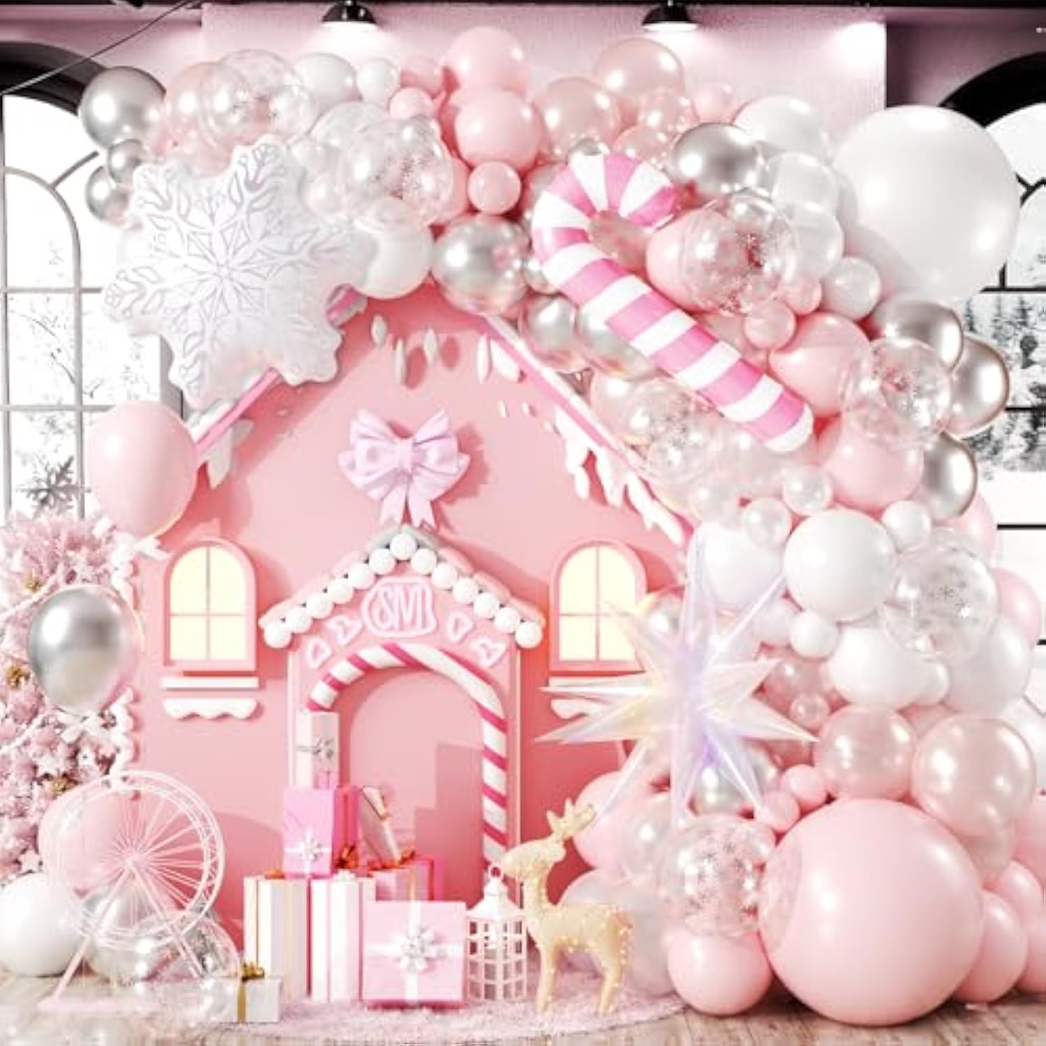 122 Pcs Christmas Balloon Garland Kit with Pink Silver and Foil Snowflake Balloons