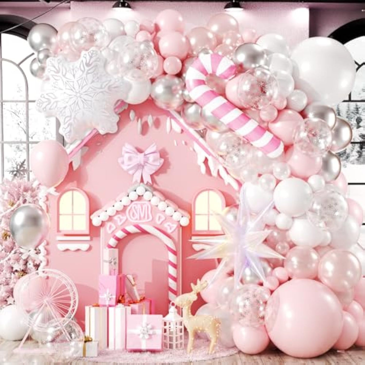 122 Pcs Christmas Balloon Garland Kit with Pink Silver and Foil Snowflake Balloons
