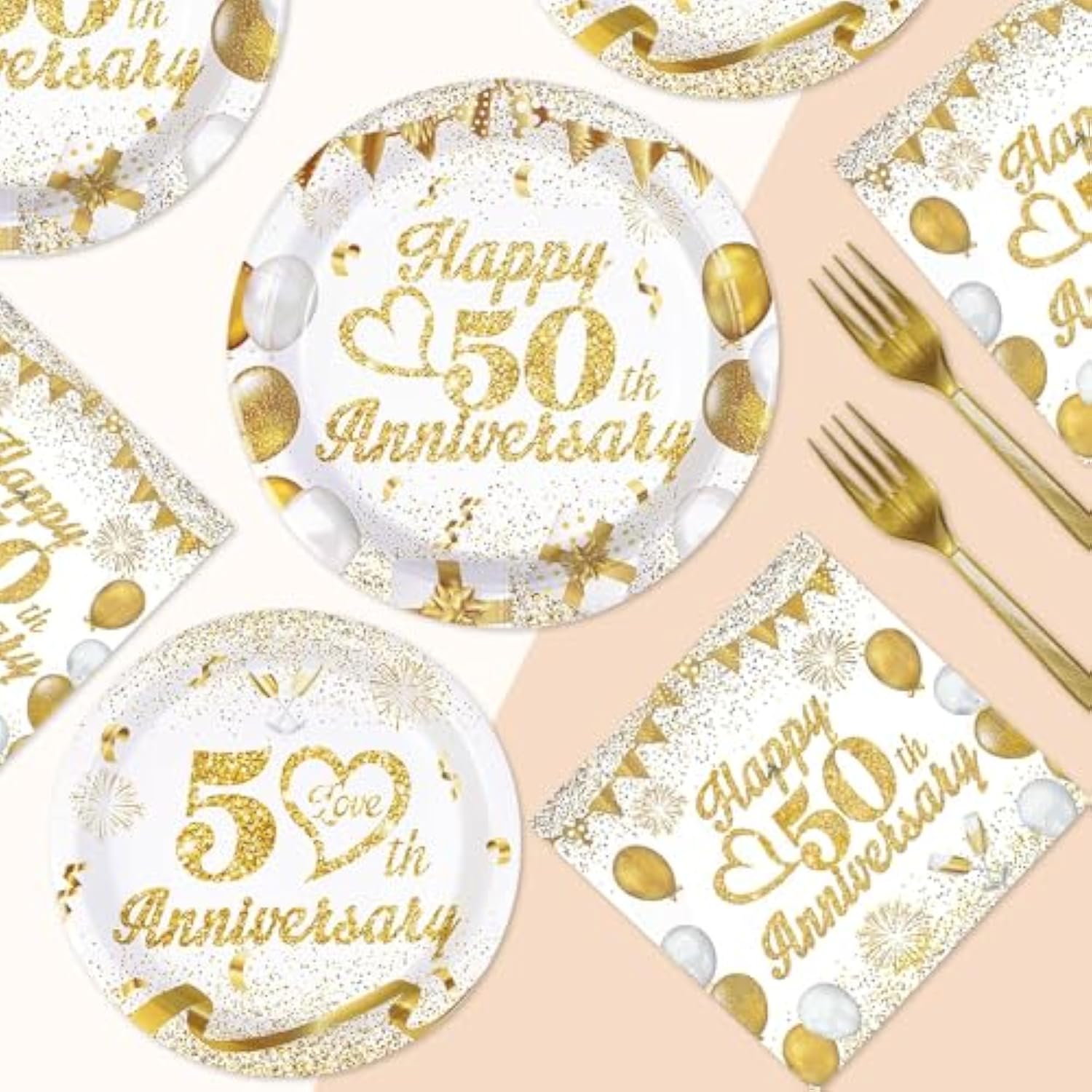96Pcs 50Th Wedding Anniversary Decorations,Golden 50Th Anniversary Party Plates And Napkins,White And Gold Paper Tableware Set Party Supplies Party Favors For Men Women,Serve 24