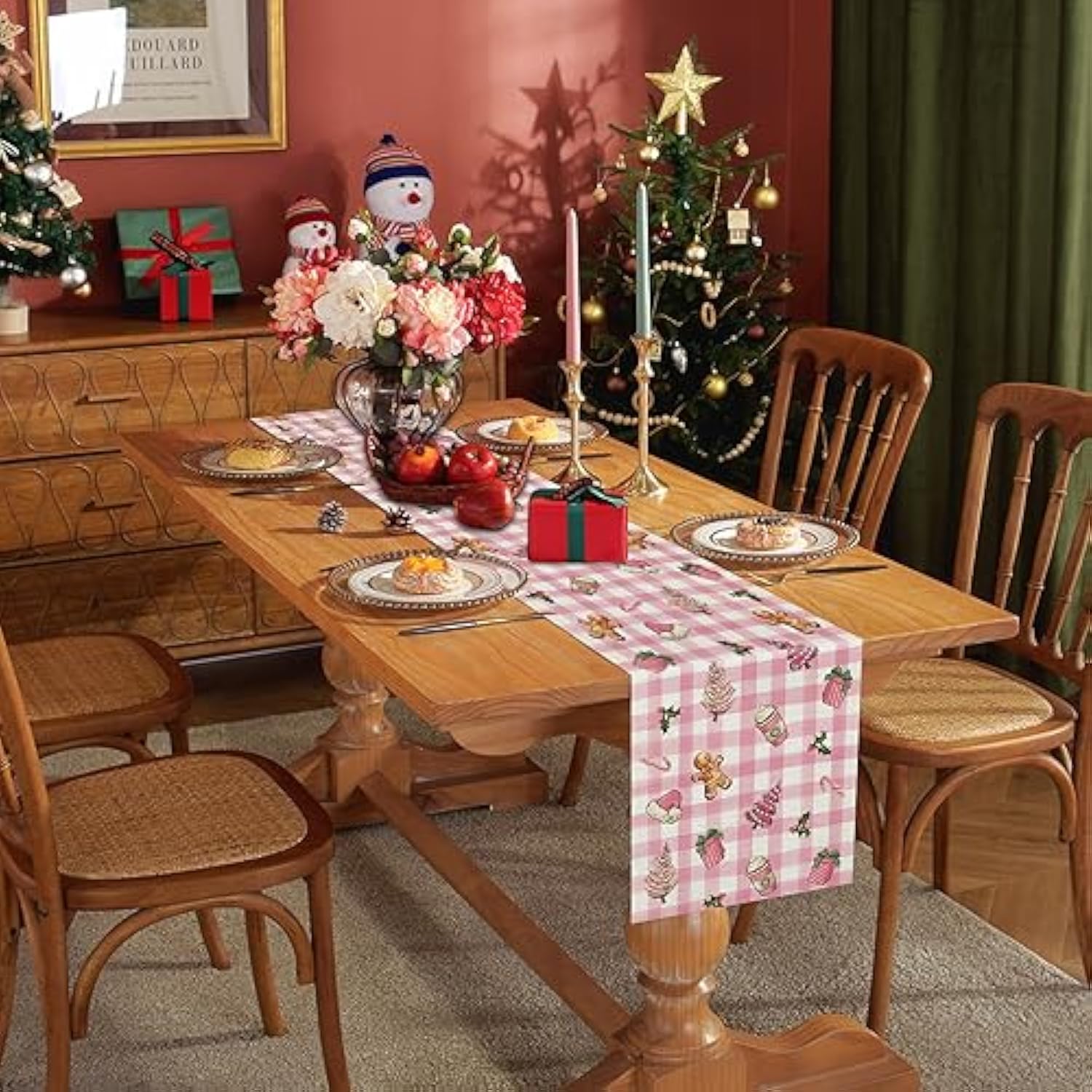 Christmas Table Runner Pink Plaid Tree Gingerbread Candy Xmas 13 X 72 Inch Winter Holiday Home Kitchen Merry Christmas Table Decor