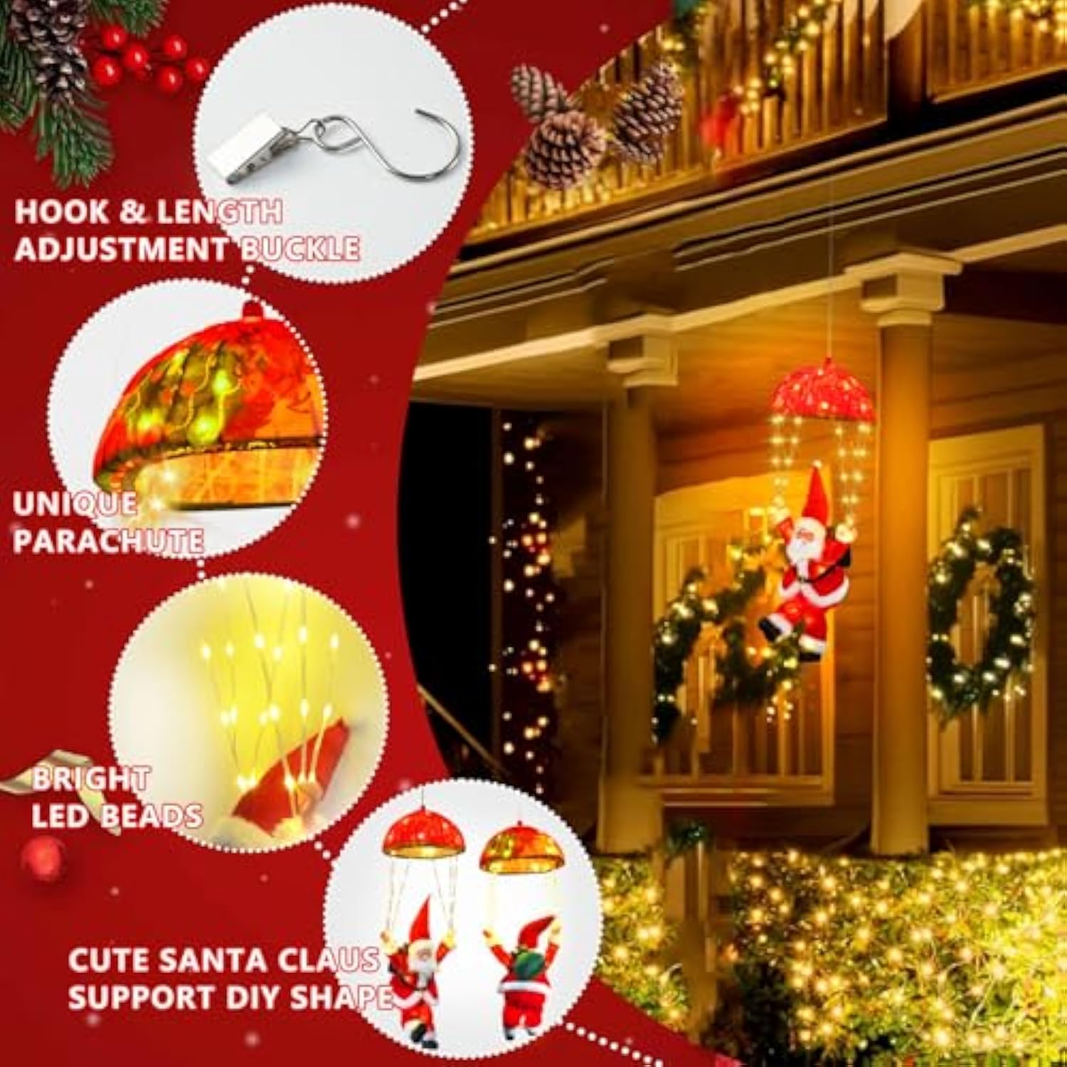 Christmas Lights Outdoor Indoor, Santa Claus Parachute Led Lights, 8 Modes & Timer Christmas Decorations Lights Outside