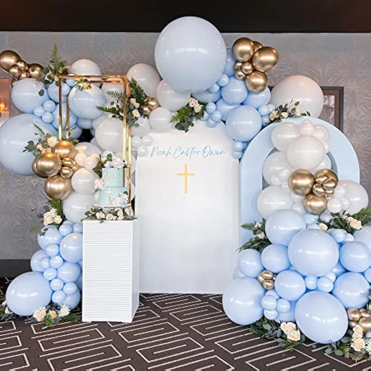148Pcs Baby Blue Balloon Garland Kit with White & Gold Balloons for Boy Party