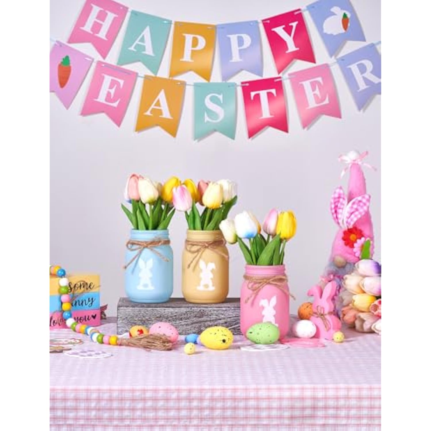 Bunny Mason Jar Spring Easter Table Decor, Centerpieces For Tables With Tulips Artificial Flowers, Farmhouse Wood Tray, 22 Pcs Easter Spring Decorations Indoor For Home Office Table