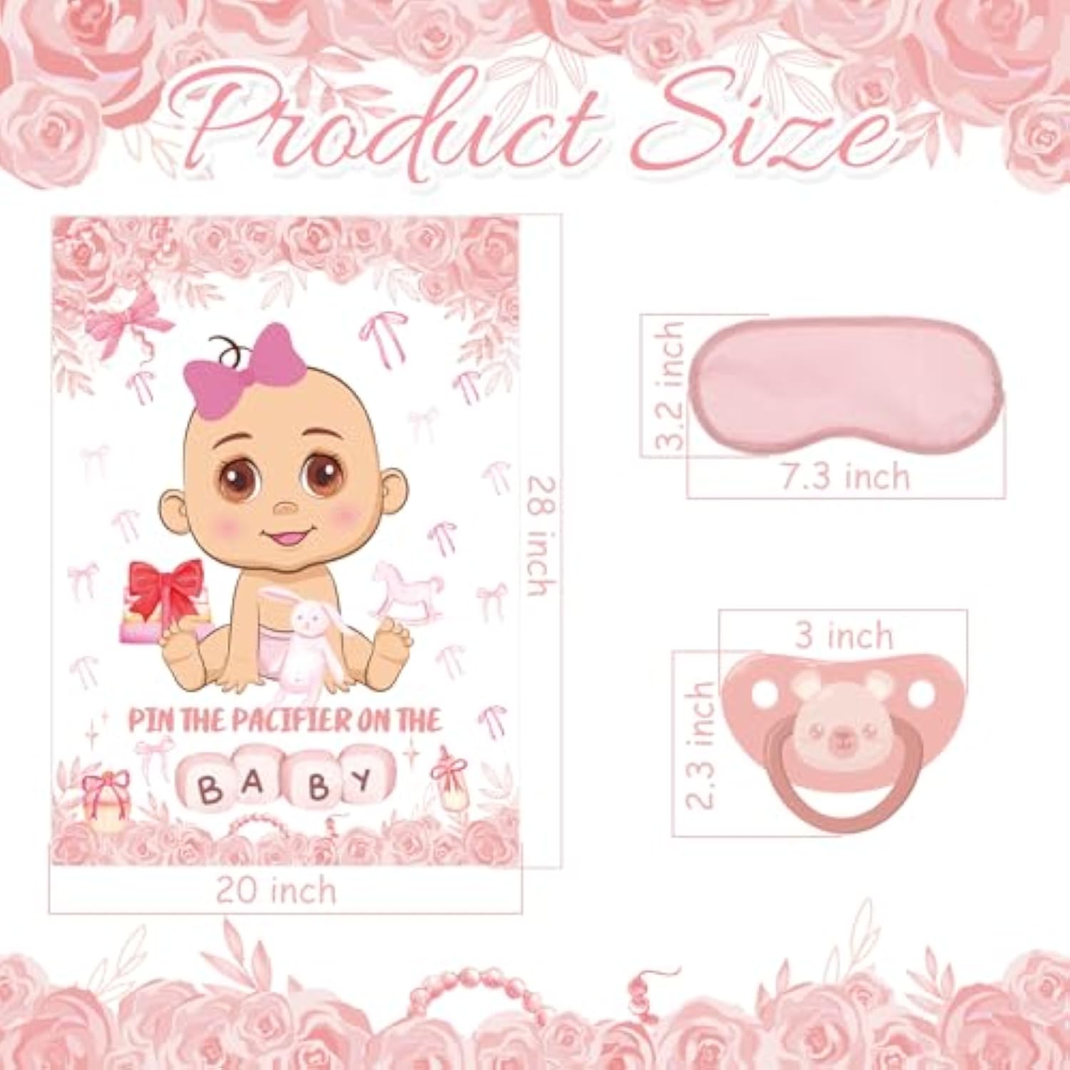 Pin The Pacifier On The Baby Party Games, Pink Baby Shower Decoration Bow Party Decorations With Large Poster 48 Pacifier Stickers Game For Baby Shower Party Bow Coquette Birthday Decorations