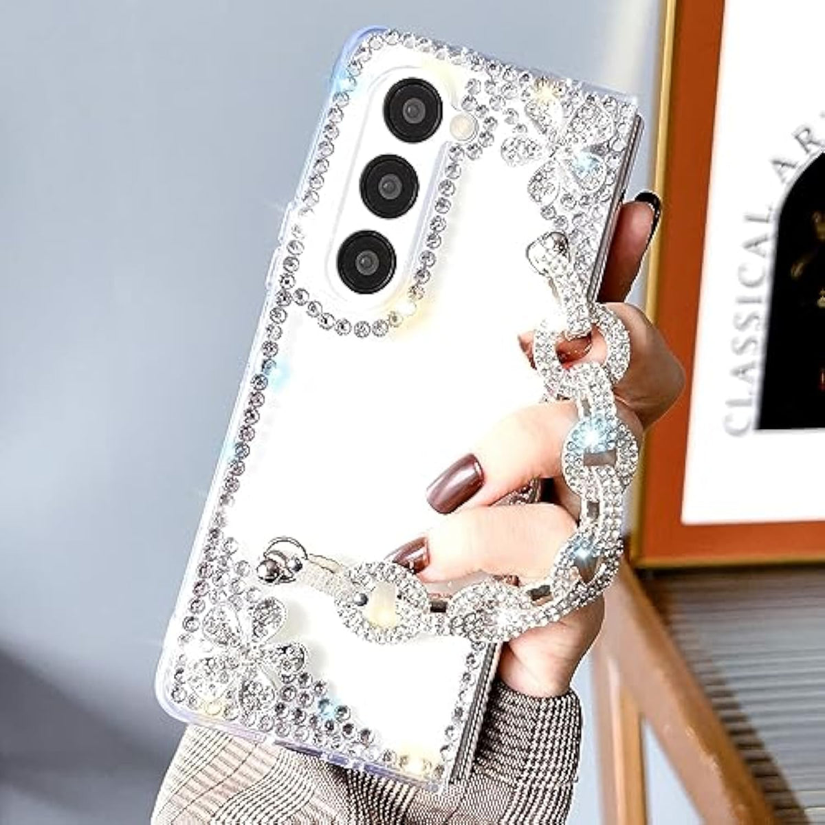 For Galaxy Z Fold 7 Case Cute For Women Girls Luxury 3D Handmade Sparkle Rhinestone Pearl Strap Chain Bracelet Flowers Crystal Diamond Bling Glitter Slim Hard Pc Shockproof Cover, Crystal