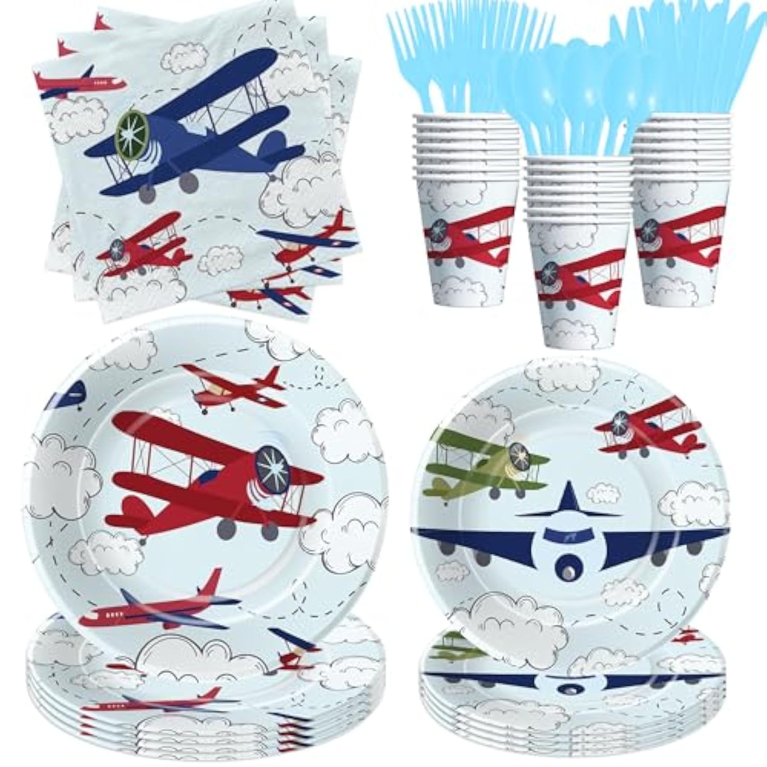 Airplane Party Decorations Tableware Boy For Birthday Baby Shower - Disposable Aviation Theme Airplane Birthday Party Supplies, Paper Plate, Napkin, Cup, Cutlery | 24 Guests