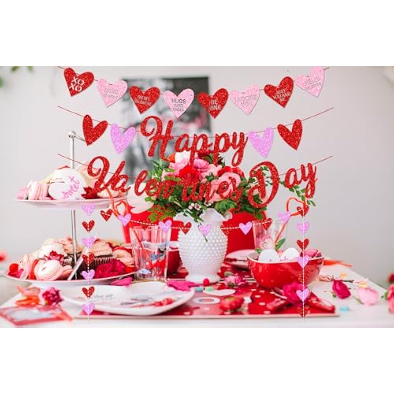 Red Glittery Valentine Party Decor - Banner, Garland, Photo Props & Heart Decorations For Fireplace & Wedding Anniversary Celebrations