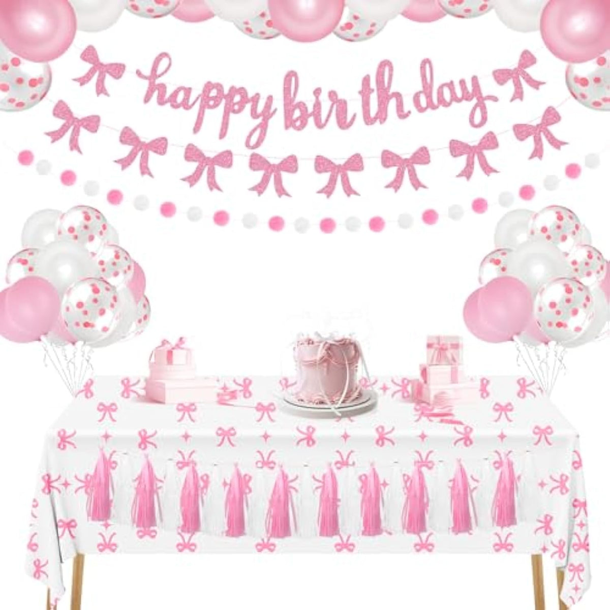 Pink Bow Birthday Party Decorations Set, Girl Bow Themed Glittery Happy Birthday Banner Pom Pom Garland Tassel Garland Tablecloth Pink And White Balloons Decor For Women 18Th 21St 30Th Party Supplies