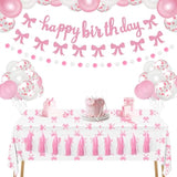 Pink Bow Birthday Party Decorations Set, Girl Bow Themed Glittery Happy Birthday Banner Pom Pom Garland Tassel Garland Tablecloth Pink And White Balloons Decor For Women 18Th 21St 30Th Party Supplies