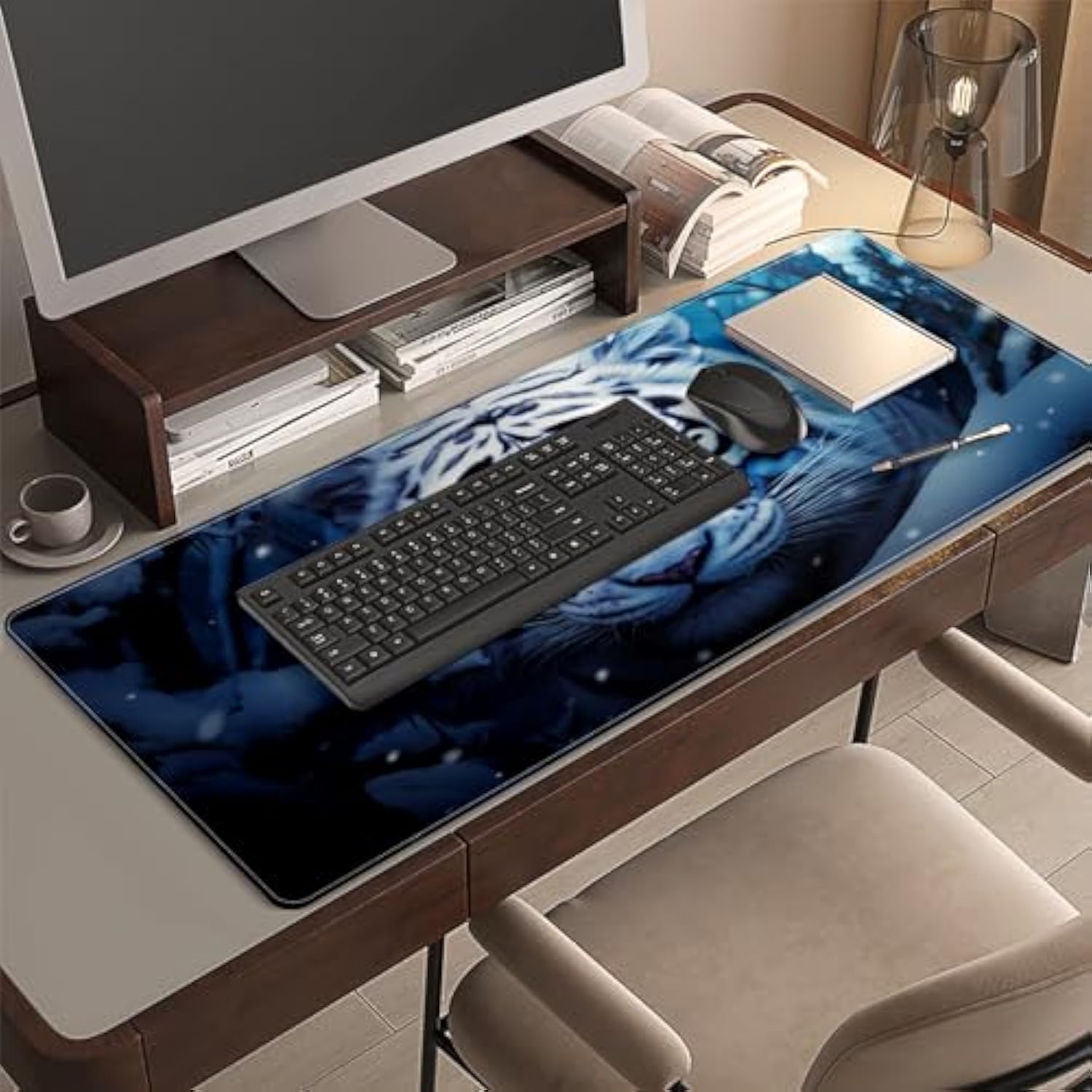 Large Gaming Mouse Pad 35.4''X15.7'' White Tiger Extended Non-Slip Soft Rubber Mousepad For Desktop Office Stitched Edges Waterproof Keyboard Mat For Desk Computer Laptop