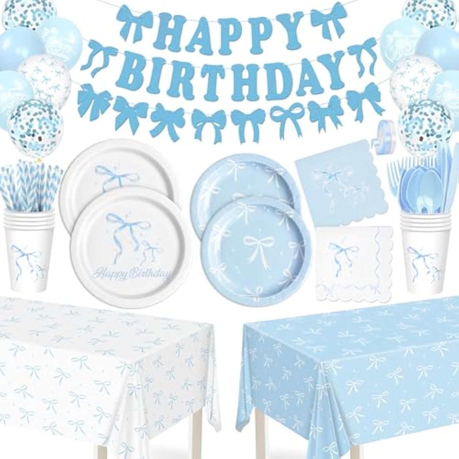 Blue Bow Birthday Party Supplies, 220Pcs Coquette Birthday Decorations Includes Bow Plates Napinks Cups Straws Cutlery Tablecloths Banners And Balloons Blue Bow Theme Tableware Serves 24 Guests