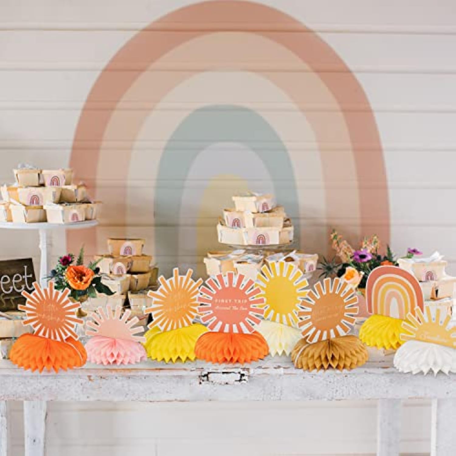 9 Pcs Boho Sun Honeycomb Centerpieces - Hippie Rainbow Table Toppers for Party