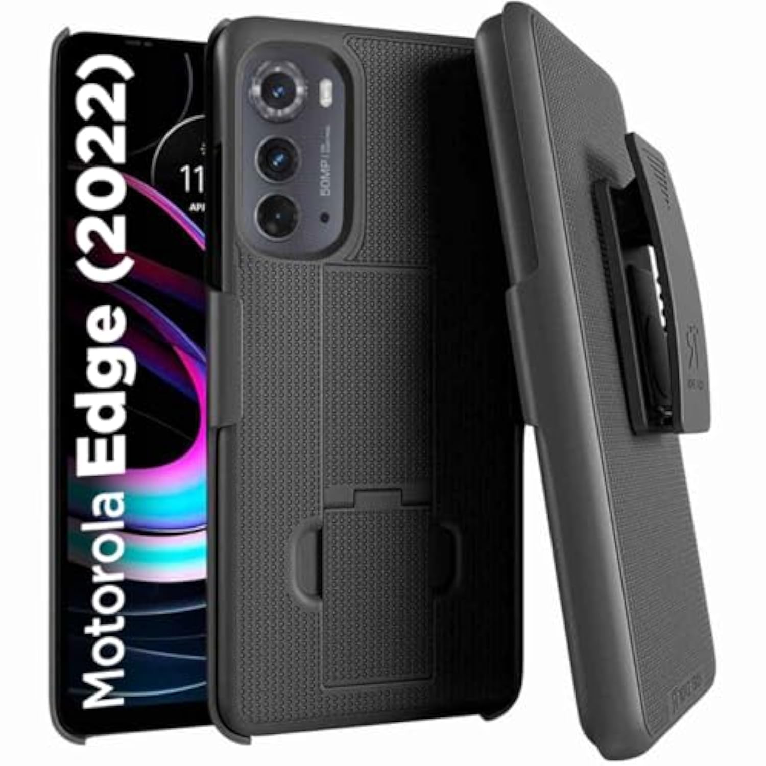 Designed For Motorola Edge (2022) Case With Belt Clip Holster - Kickstand Cover Phone Case - Black