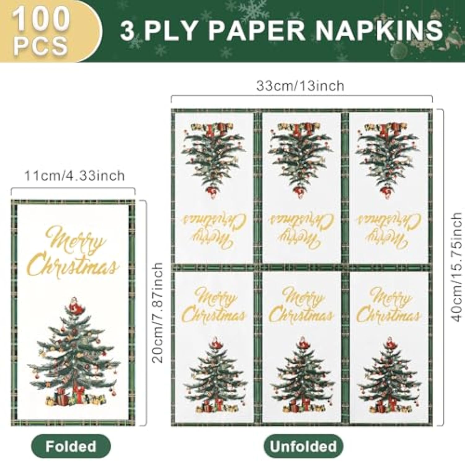 100 Pcs Christmas Napkins, 3 Ply Christmas Paper Napkins, Merry Chrismas Dinner Napkins Disposable, New Years Napkins, Christmas Napkins For Decoupage Party Decorations, 4.33" X 7.87"