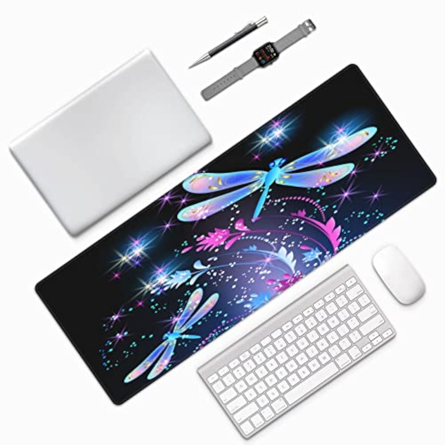 Laptop Mouse Pad Abstract Sparkle Dragonfly Roses Desk Mat With Stitched Edges 31.5X 11.8 Inch Non-Slip Large Keyboard Rubber Writing Table Mat For Office Home