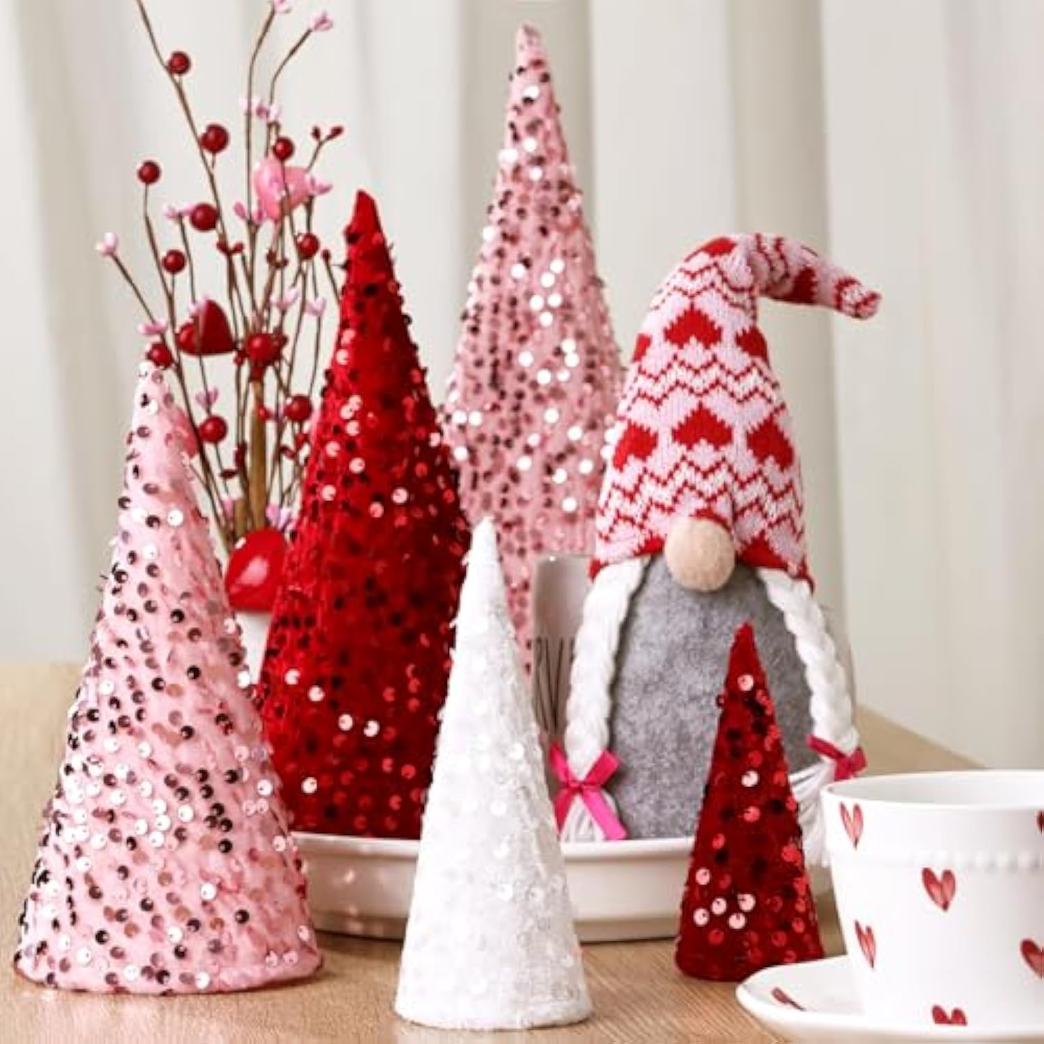 Valentines Day Decor, 5Pcs Valentines Tree Table Decorations, Pink Cone Mini Trees With Glitter Sequins Surface, Valentines Tabletop Tree For Home Table Indoor Valentines Day Gifts