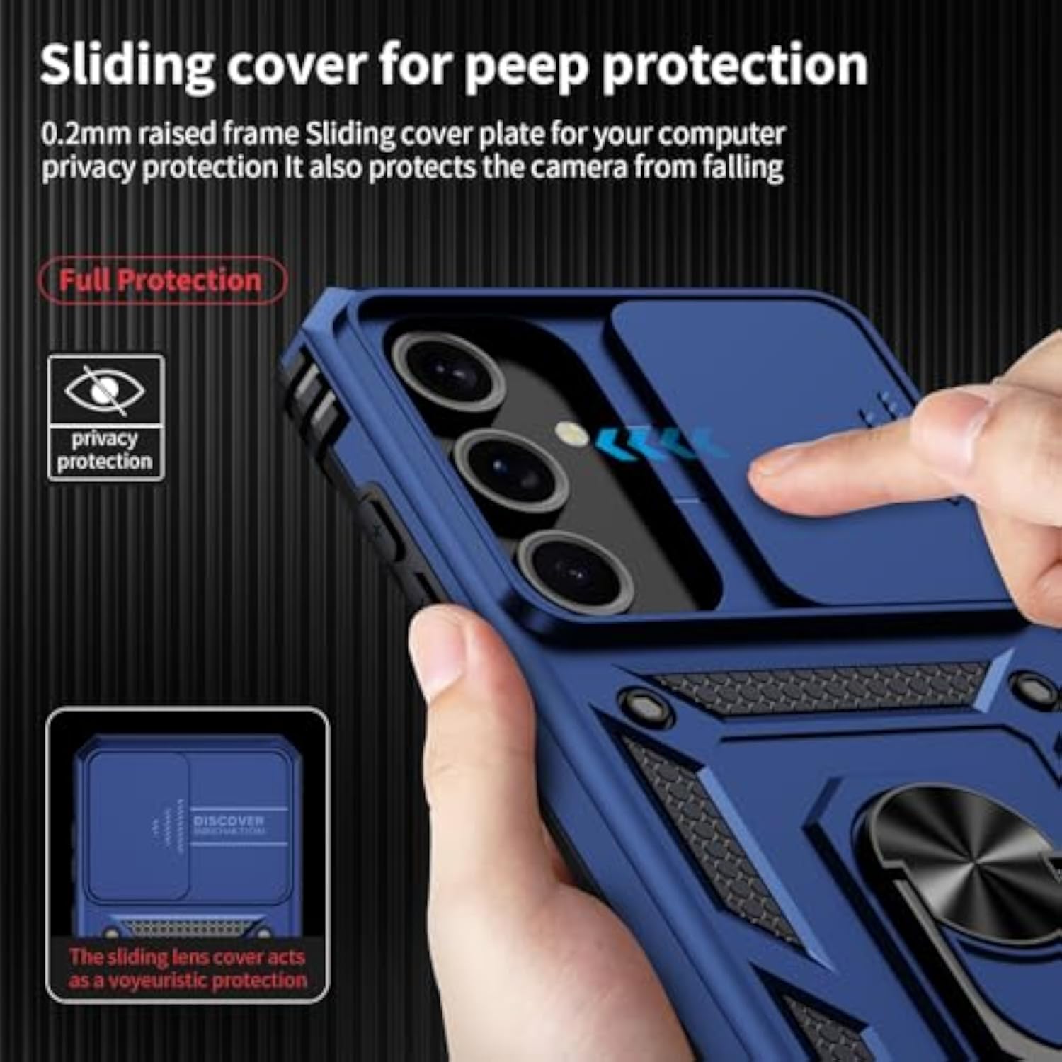 Samsung Galaxy S23 Plus Case with Camera Lens Cover, 10 FT Military Grade Drop Protection, Magnetic Ring Holder Kickstand Protective Phone Case, Navy Blue