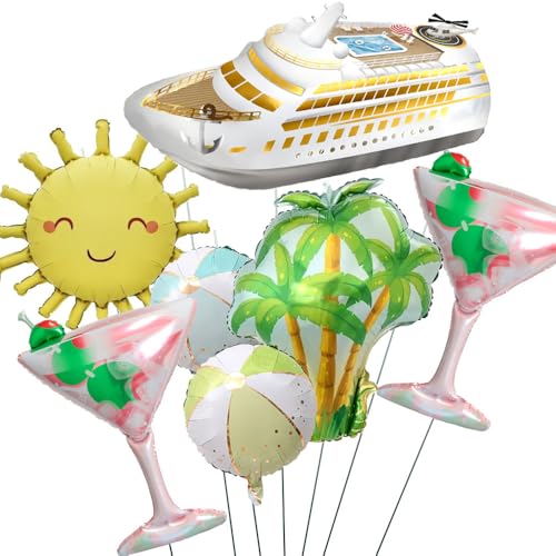 Tropical Cruise Ship Balloon Set, Summer Beach Party Balloons with Palm Tree, Cocktail Glass, Sunshine & Beach Ball, Hawaii Aloha Pool Party Decorations, Cruise Vacation Nautical Theme Supplies