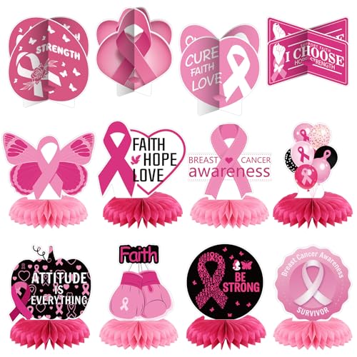 12 Pcs Breast Cancer Awareness Decorations, Pink Ribbon Centerpiece
