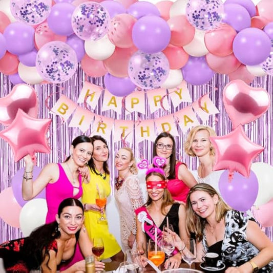 Happy Birthday Decorations For Women Girls - 50 Pcs Purple Pink Birthday Decorations Include Happy Birthday Banner Balloons Fringe Curtain Hanging Swirls For Birthday Party Supplies