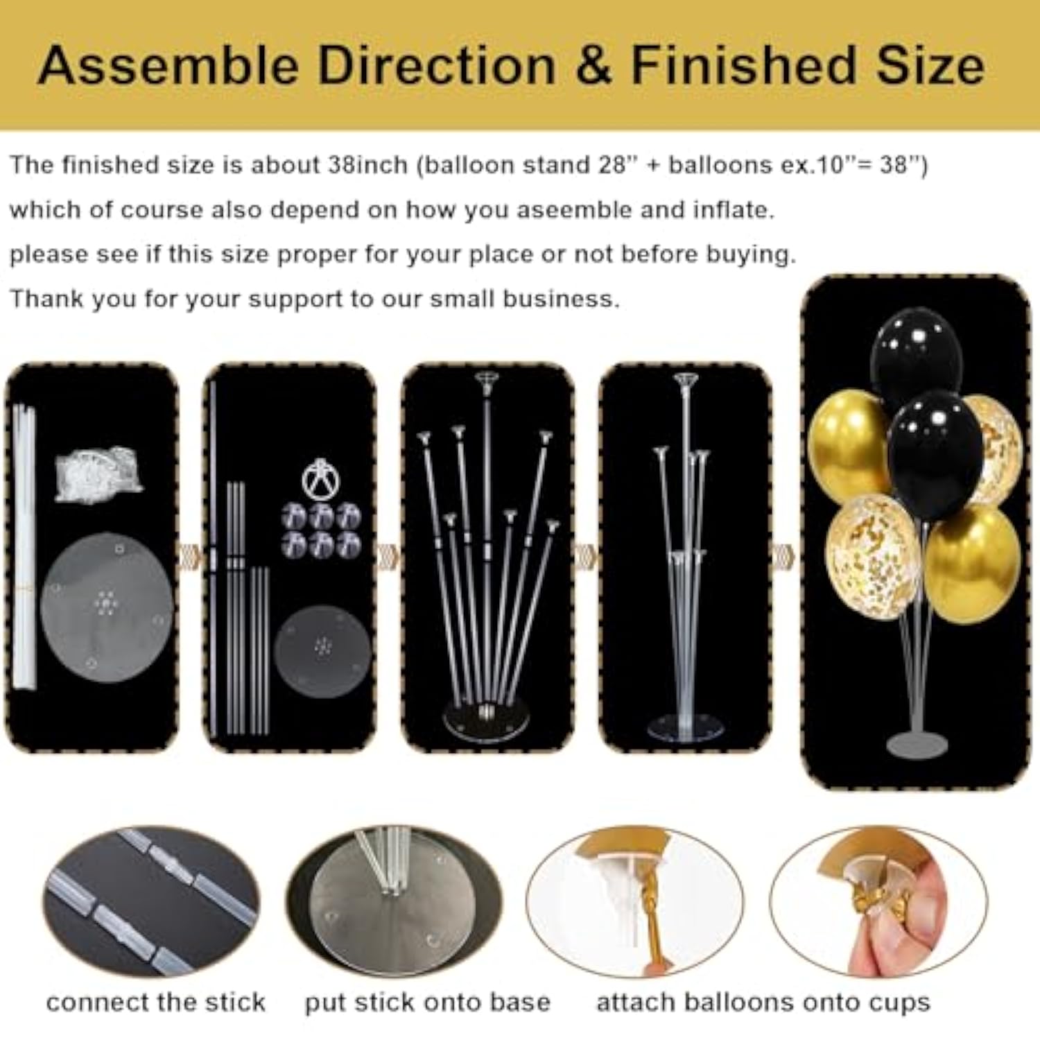 4-Set Black and Gold Balloon Stand Centerpieces for Parties and Celebrations