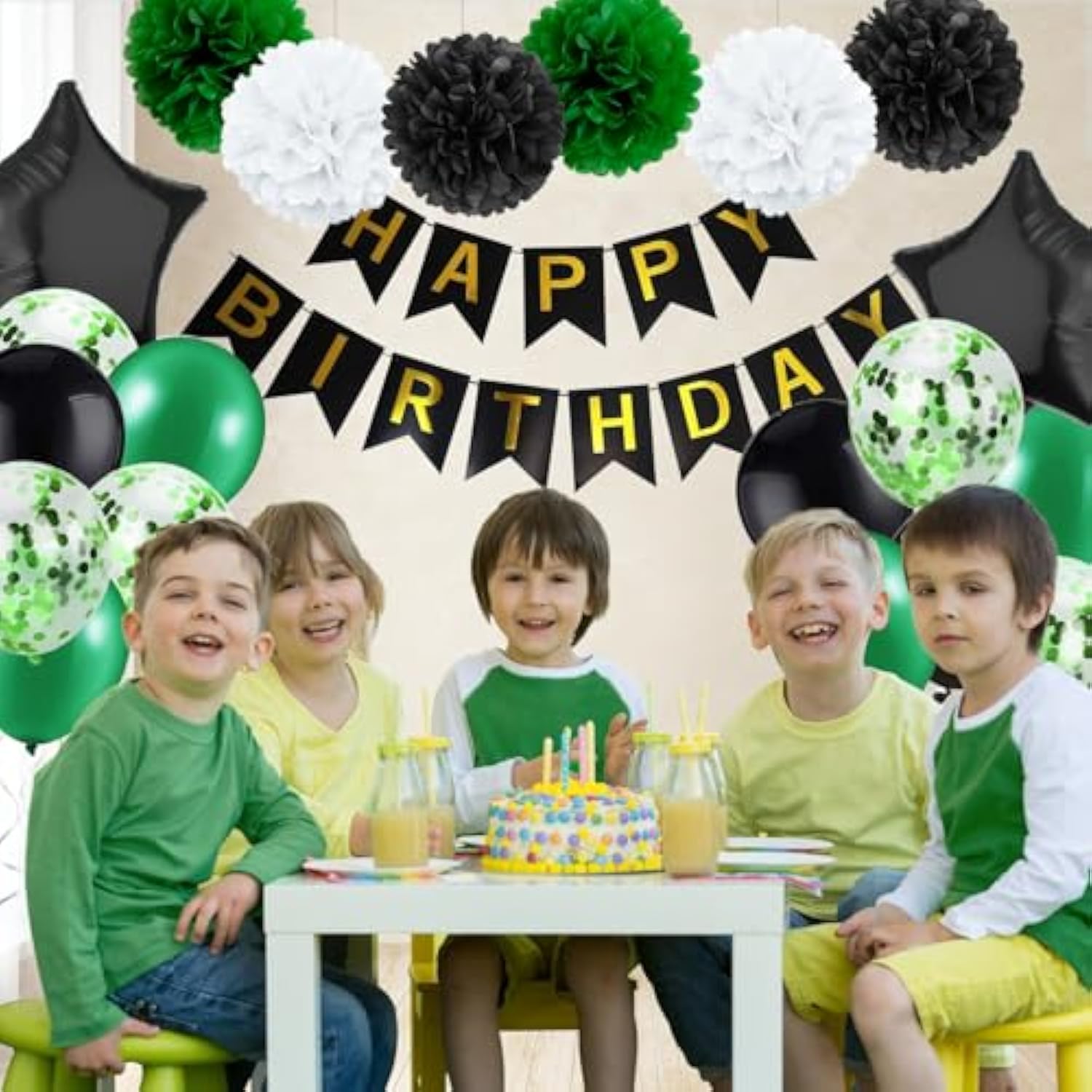 Green Black Birthday Decorations for Men with Banner Balloons Confetti and Ribbon