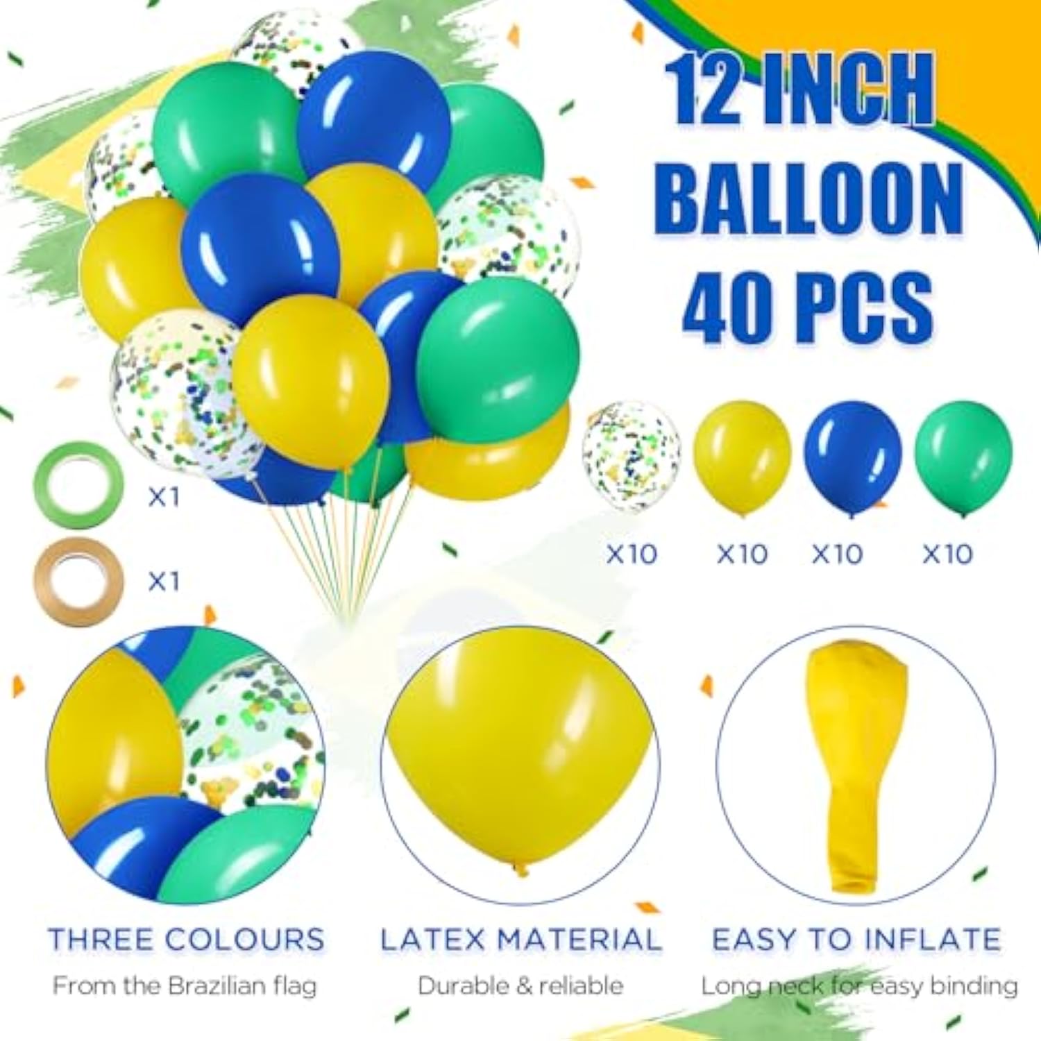 54 Pcs Brazilian String Pennant Banners Brazil Flag Green, Yellow And Blue Latex Balloons With Confetti Balloons Craft Ribbon For Independence Day Patriotic Events Sports Anniversary