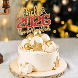 Hello 2026 Happy New Year Cake Topper Gold Red Glitter Party Decorations