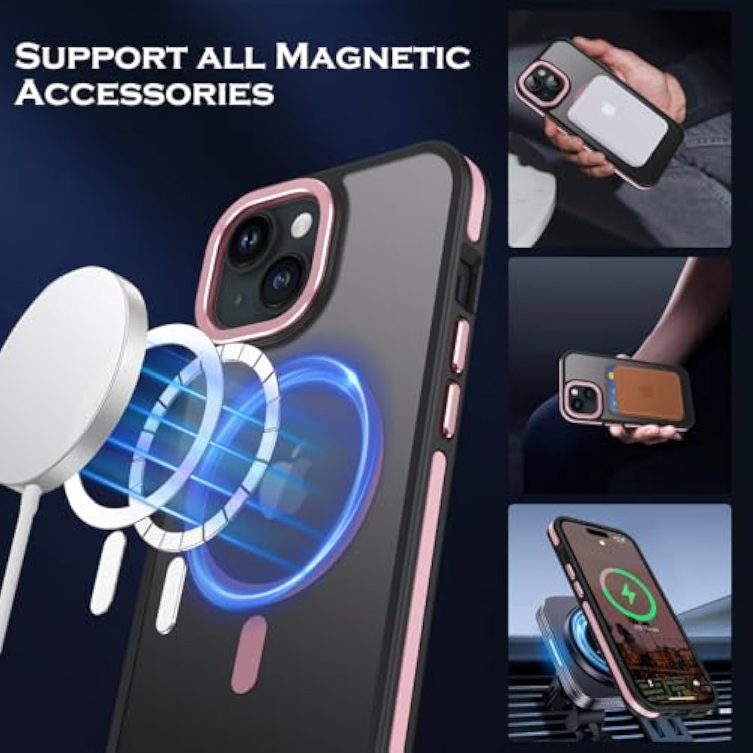 Case For Iphone 15 Plus 6.7-Inch, Iphone 15 Plus Phone Case Magnetic [Compatible With Magsafe] Slim Translucent Matte Men Women Girls Shockproof Protective Back Cover, Black/Pink
