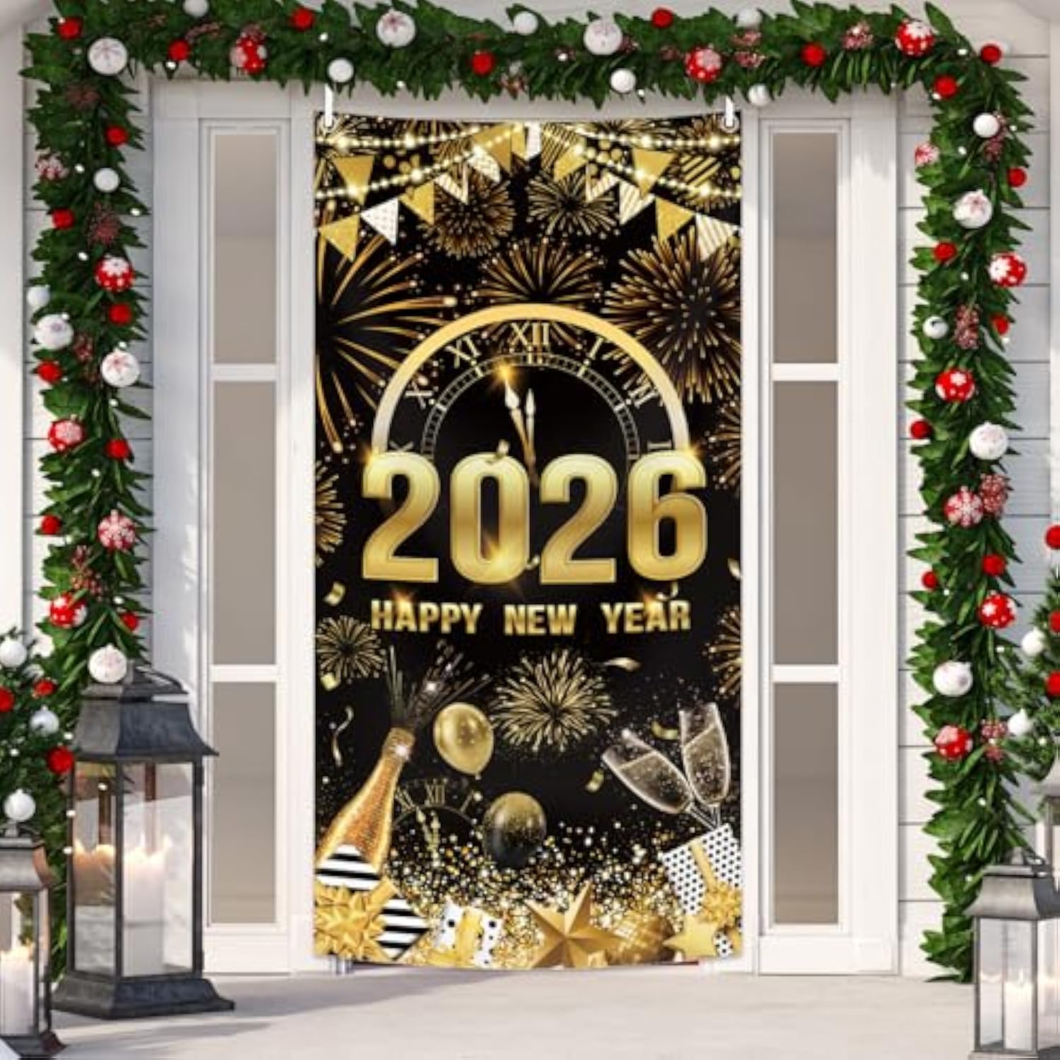 2026 Happy New Year Door Cover Black Gold Party Decor with Balloon and Fireworks
