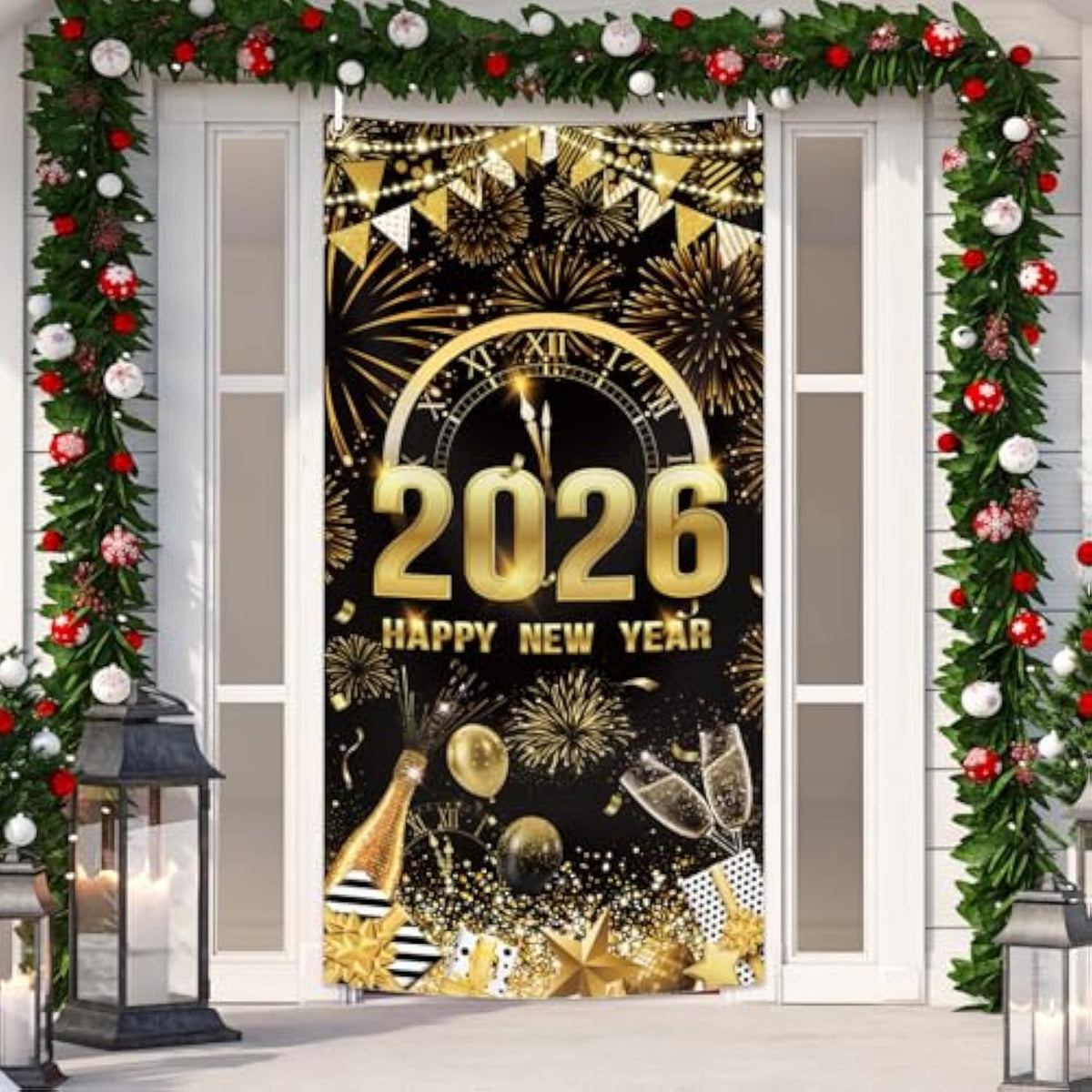 2026 Happy New Year Door Cover Black Gold Party Decor with Balloon and Fireworks