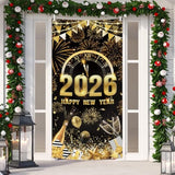 2026 Happy New Year Door Cover Black Gold Party Decor with Balloon and Fireworks