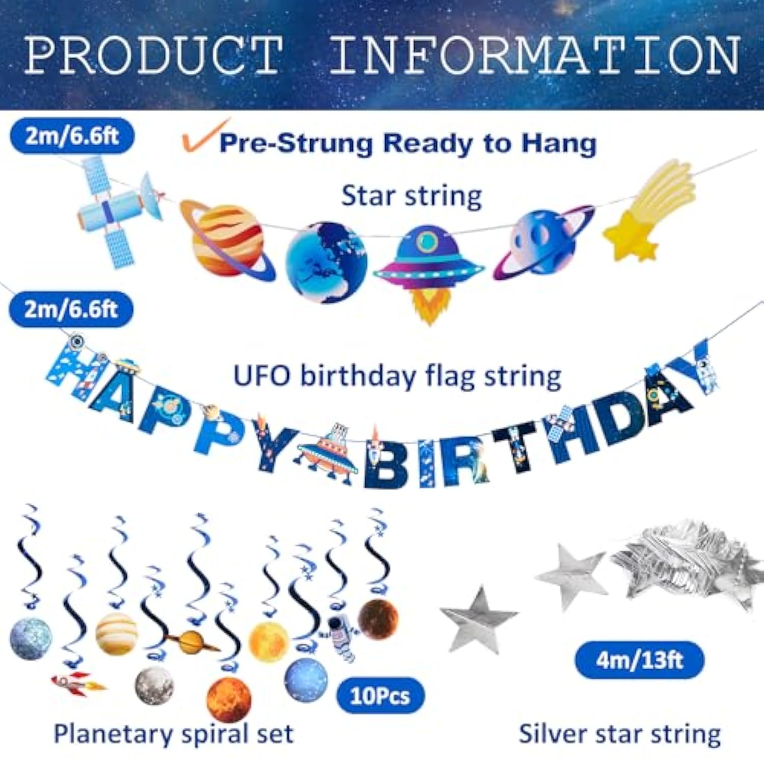 Pre-Strung Birthday Party Decorations Outer Space Themed Set, With 2 Banners, 10 Solar System Planet Swirl Streamers, Hanging Dazzling Star Garlands For Kids Teens Party Decoration Gifts