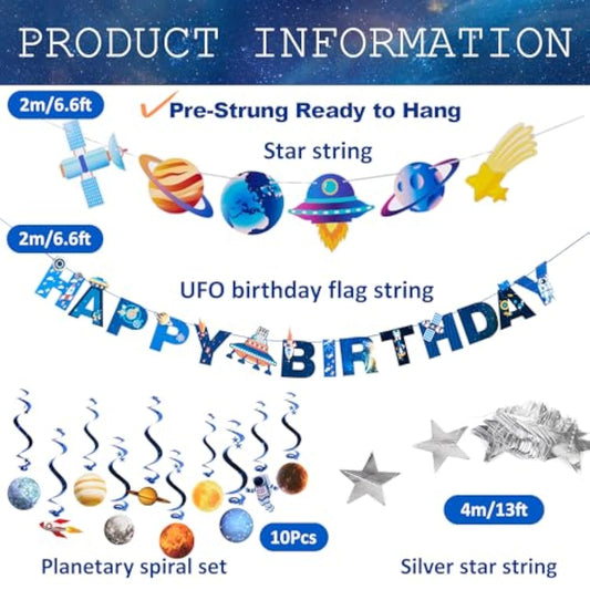 Pre-Strung Birthday Party Decorations Outer Space Themed Set, With 2 Banners, 10 Solar System Planet Swirl Streamers, Hanging Dazzling Star Garlands For Kids Teens Party Decoration Gifts