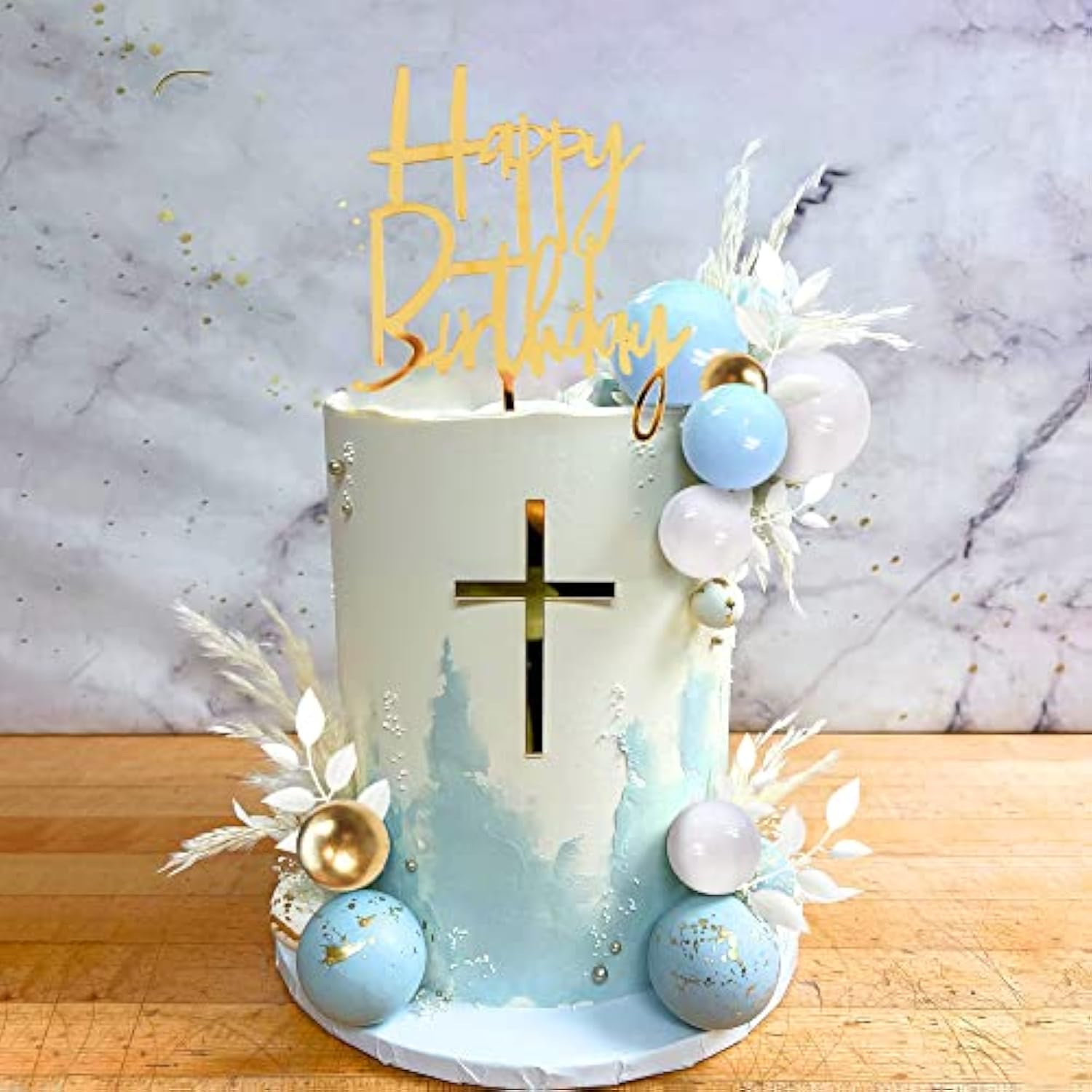 Blue Boho Cake Topper Set – Blue/White/Gold Pearl Balls for Birthday & Baby Shower