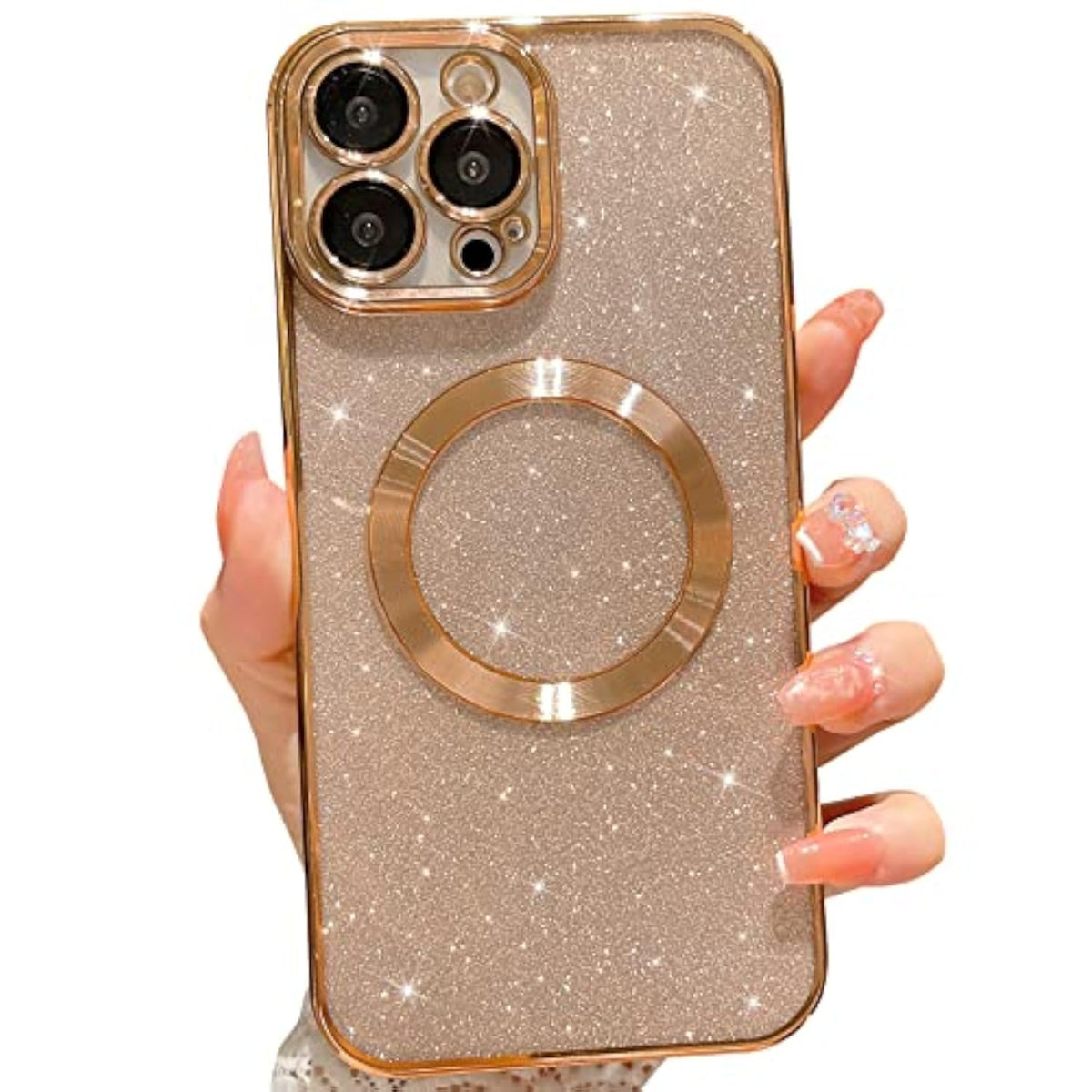 Luxury Gold Plating Glitter Case for iPhone 13 Pro Max 6.7 inch, Compatible with MagSafe, Clear Phone Case with Camera Protector, Soft TPU Material, Cute Design for Women and Girls