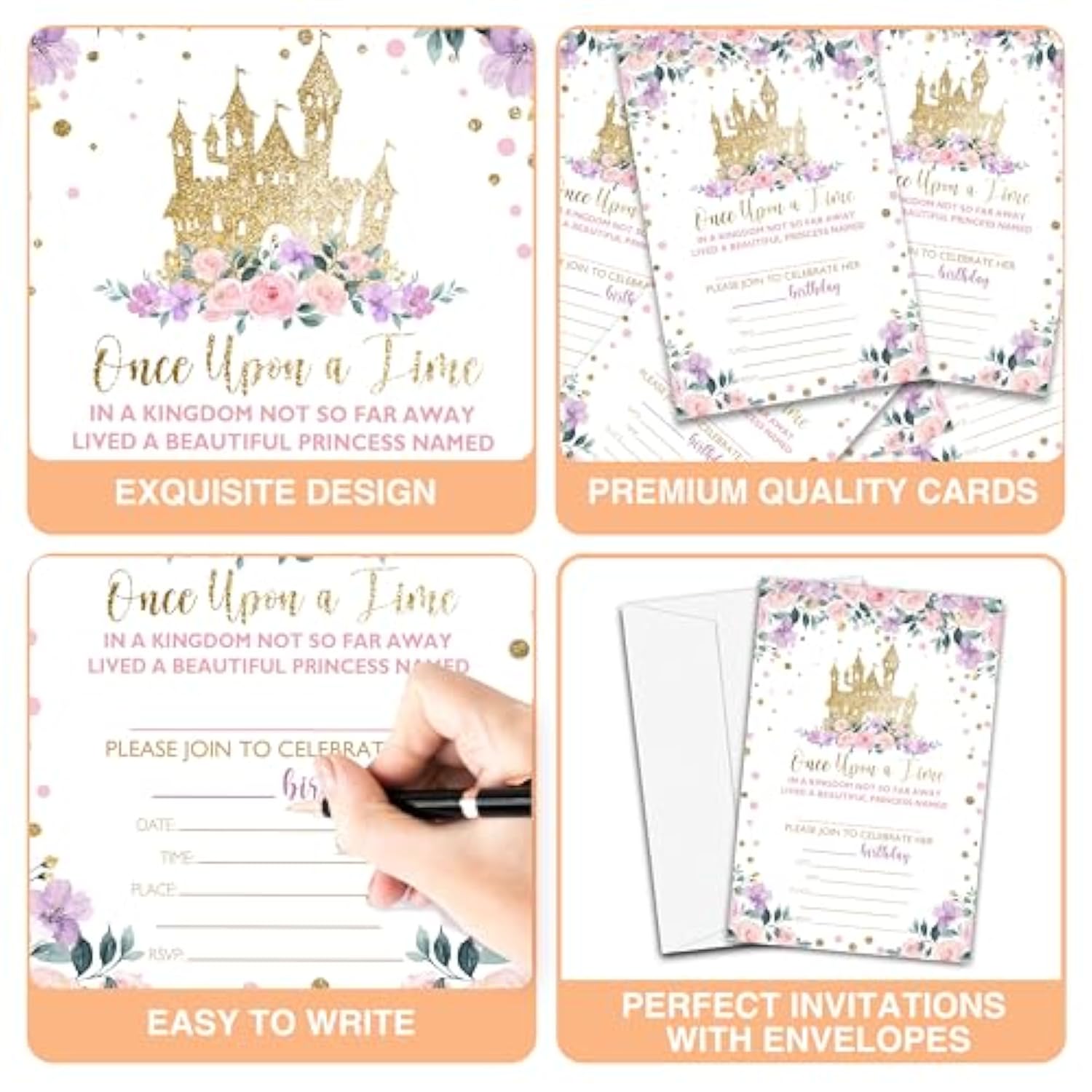 Princess Birthday Invitations For Girls, 20-Count Birthday Party Invitations With Envelopes, Magical Kingdom Castle Style Birthdays Party Decorations And Supplies-Hbyqk-A01