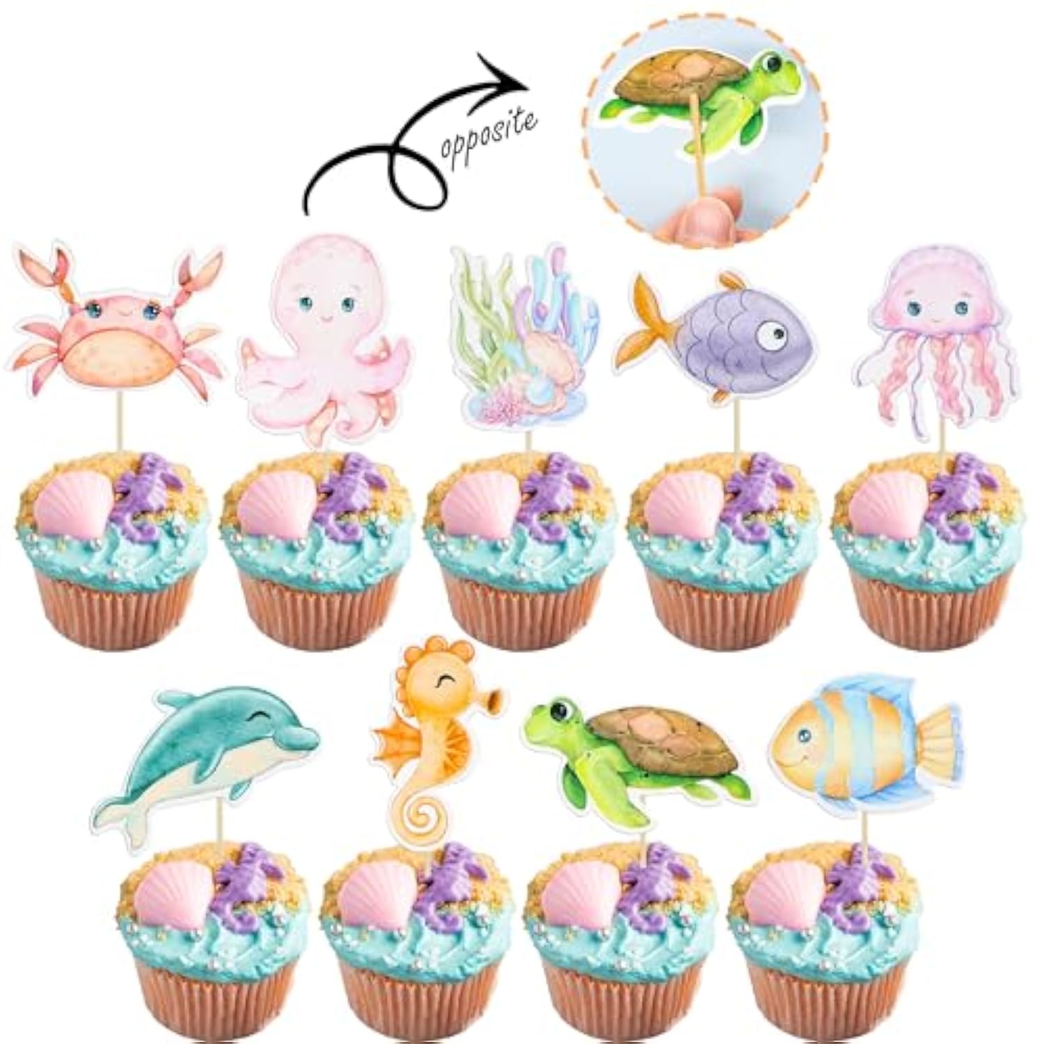 36Pcs Ocean Animal Cupcake Toppers Under The Sea Turtles Octopus Cupcake Picks Seahorse Coral Cake Decorations For Under The Sea Theme Baby Shower Birthday Party Supplies