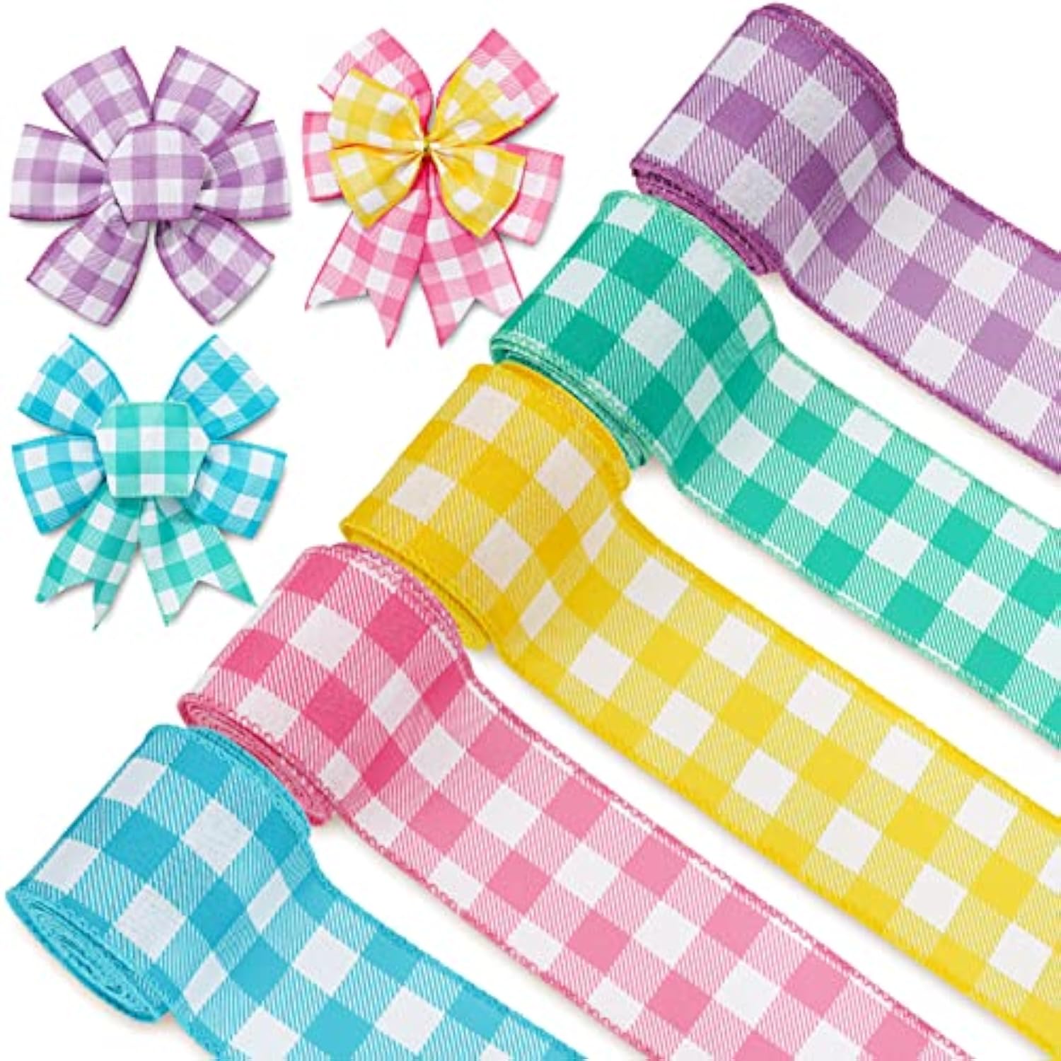 Spring Wired Edge Ribbon 30 Yards Pastel Gingham Patterned Ribbon Colo