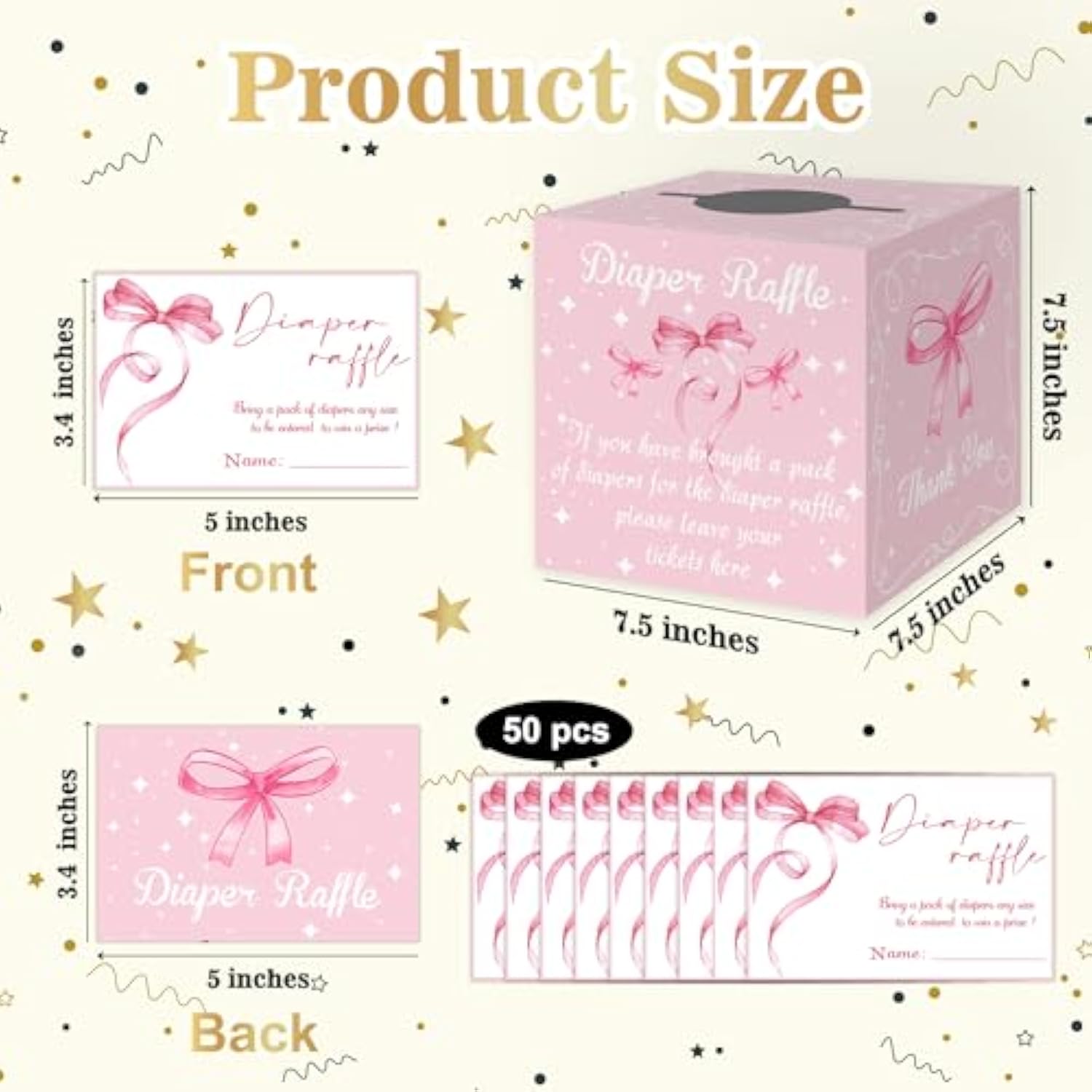 Pink Bow Diaper Raffle Baby Shower Game, Pink Bow Diaper Raffle Baby Shower Party Kit, Including 50 Pink Bow Diaper Raffle Tickets, Diaper Raffle Baby Shower Decor, Pink Bow Raffle Game Box