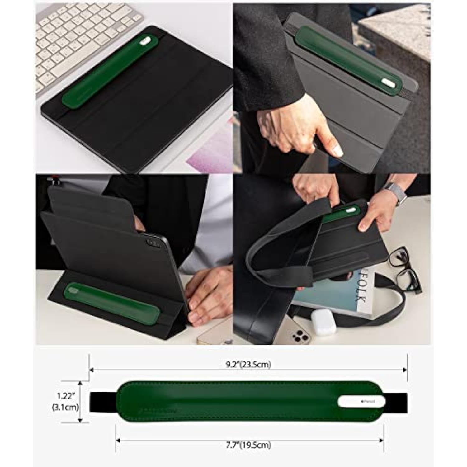Goospery Pencil Holder Compatible with Apple Pencil (1st & 2nd Generation) Sling Sleeve PU Leather Pouch Case Pocket Accessories Elastic Band Fit iPad 8th 7th Mini 5th/Notebook/Tablets - Dark Green
