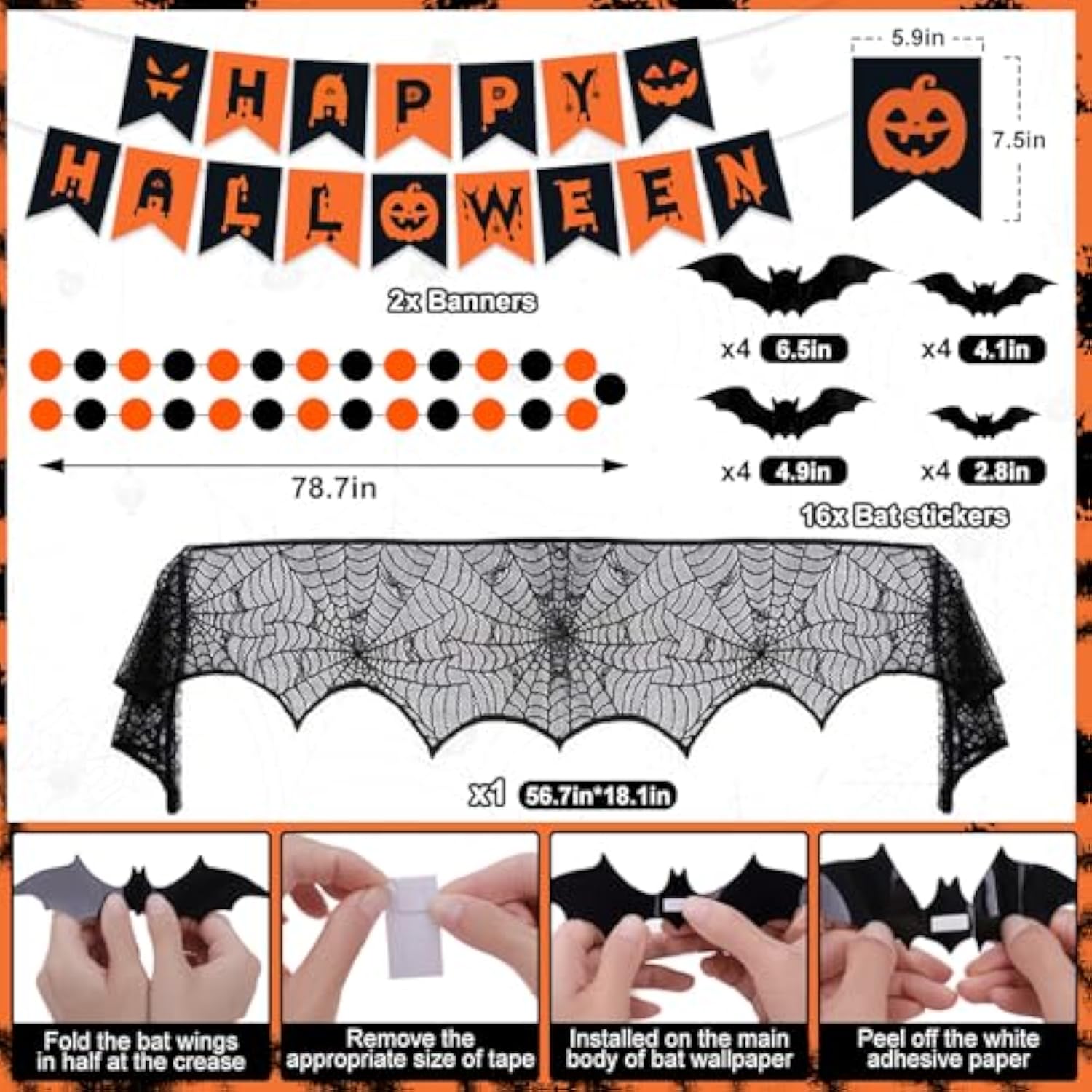 Halloween Party Decoration Kit: Ghost Banner, Creepy Cloth & Bat Stickers