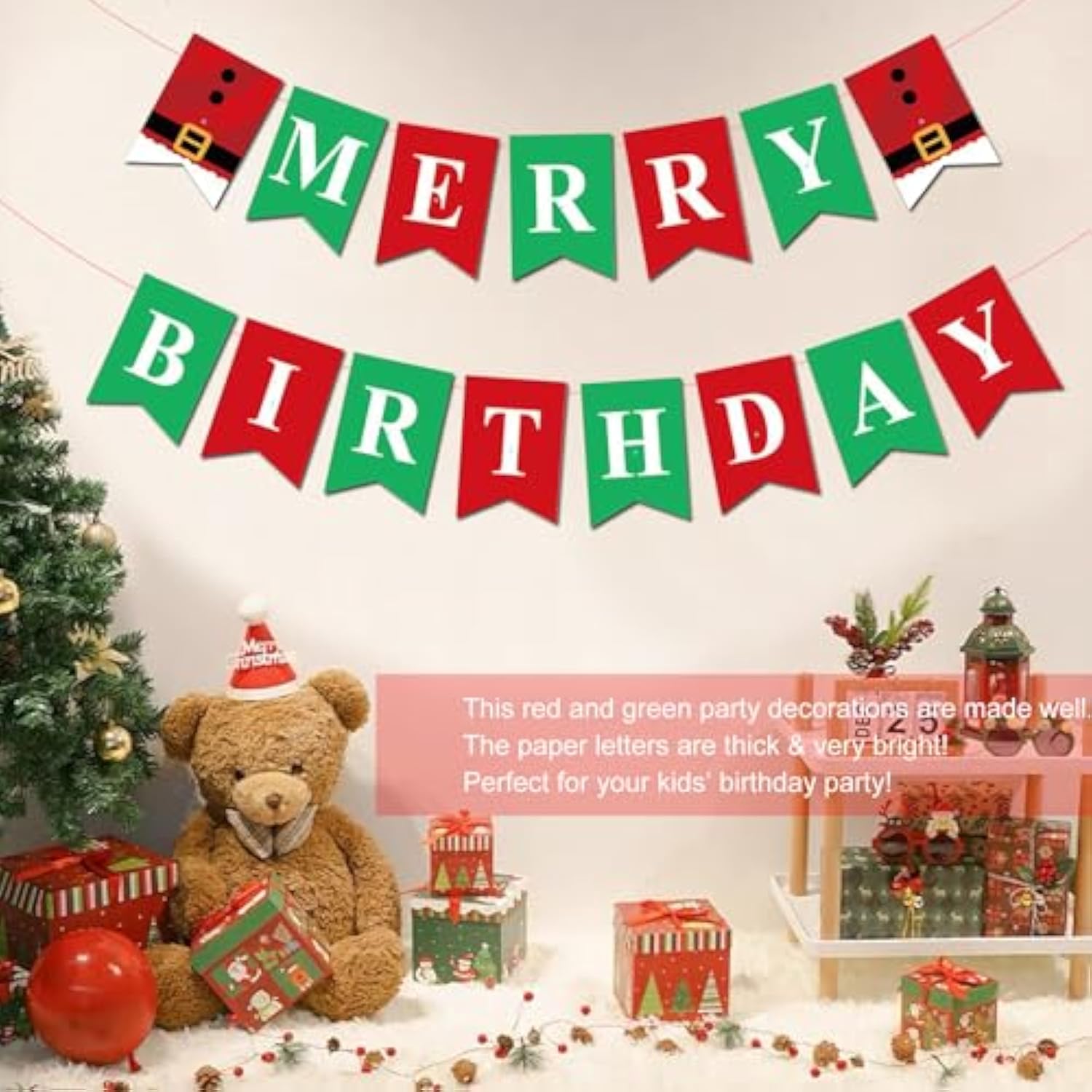 Merry Christmas Themed December Xmas Party Supplies - Happy Birthday Banner, Red And Green Glittery