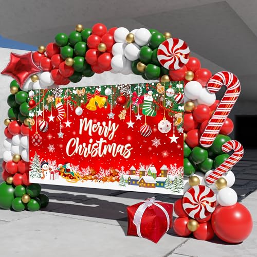 Christmas Balloon Arch Kit, 162PCS Christmas Party Decorations, Red Green Gold White and Candy Cane Balloons with Large Backdrop Banner for Xmas Party Supplies